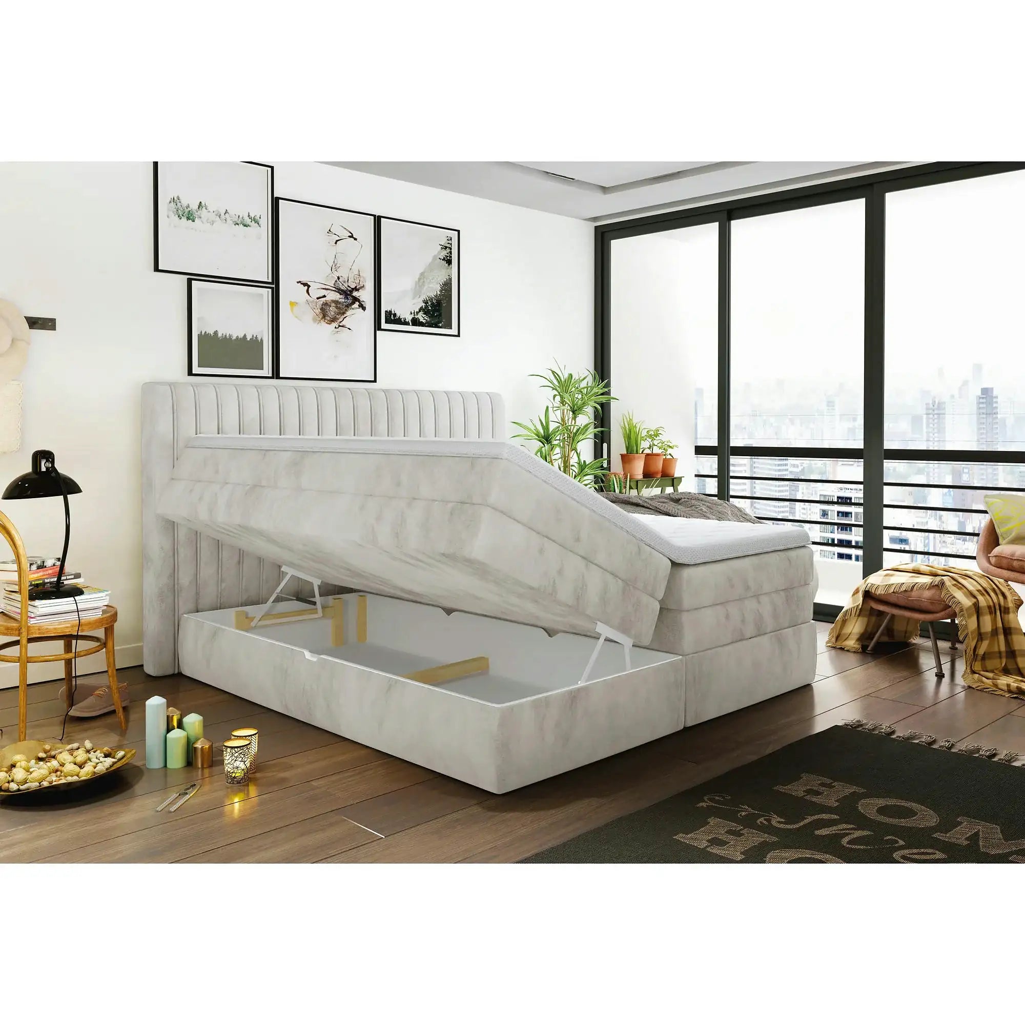 Pat boxspring MINOLA 160x200, personalizabil, cu saltele, topper si 2 lazi pentru depozitare