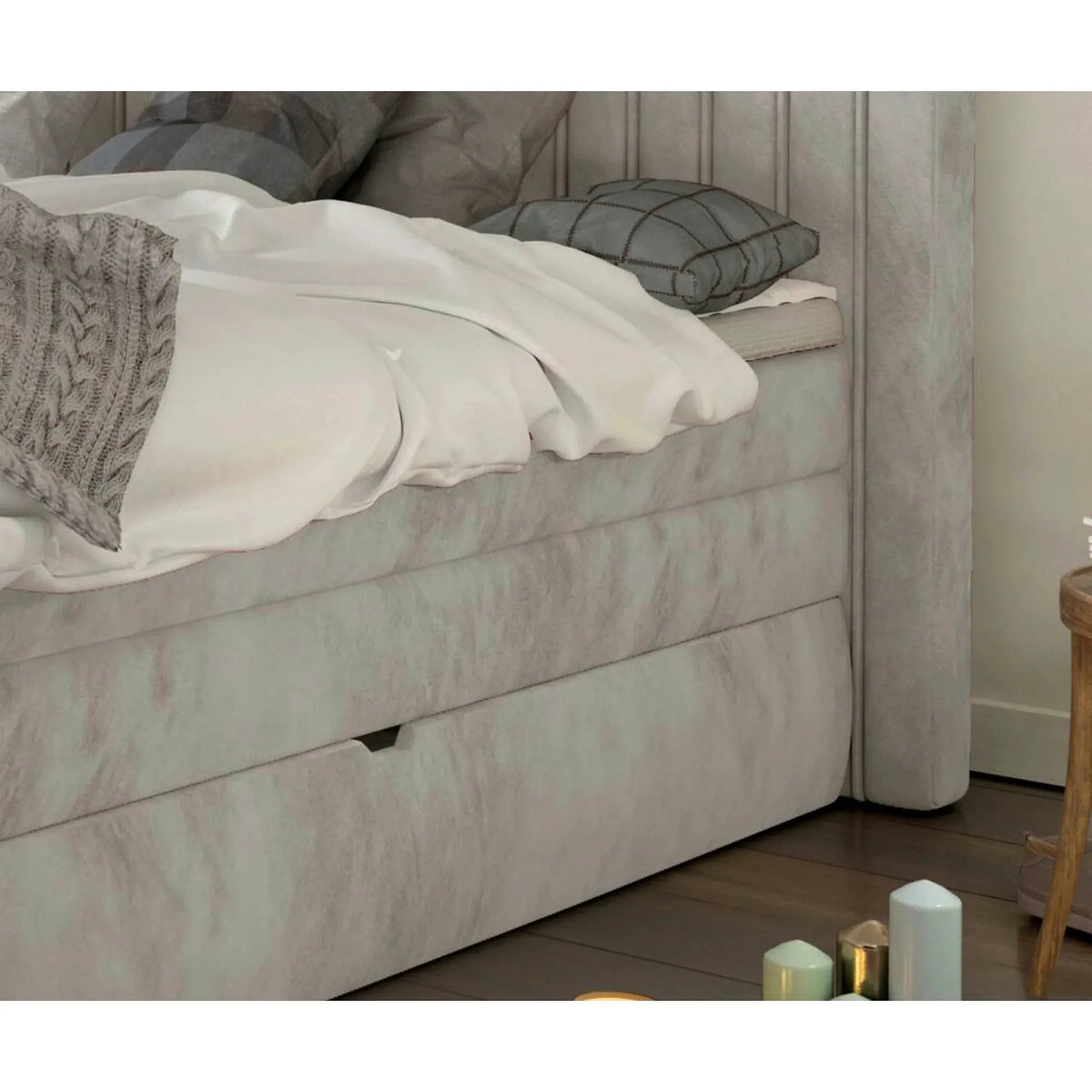 Pat boxspring MINOLA 160x200, personalizabil, cu saltele, topper si 2 lazi pentru depozitare