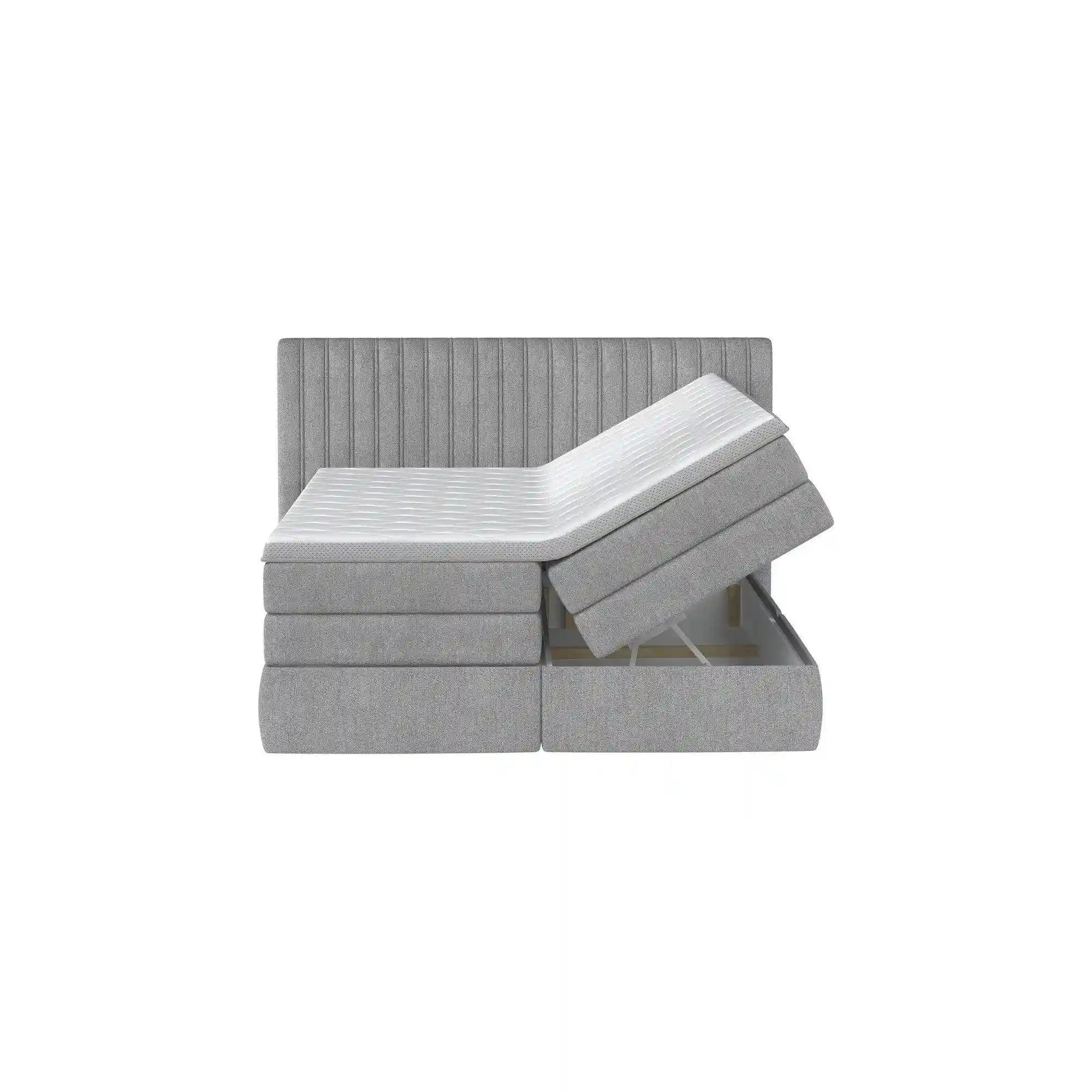 Pat boxspring MINOLA 160x200, personalizabil gama materiale Oferta Avantaj, cu saltele, topper si 2 lazi pentru depozitare