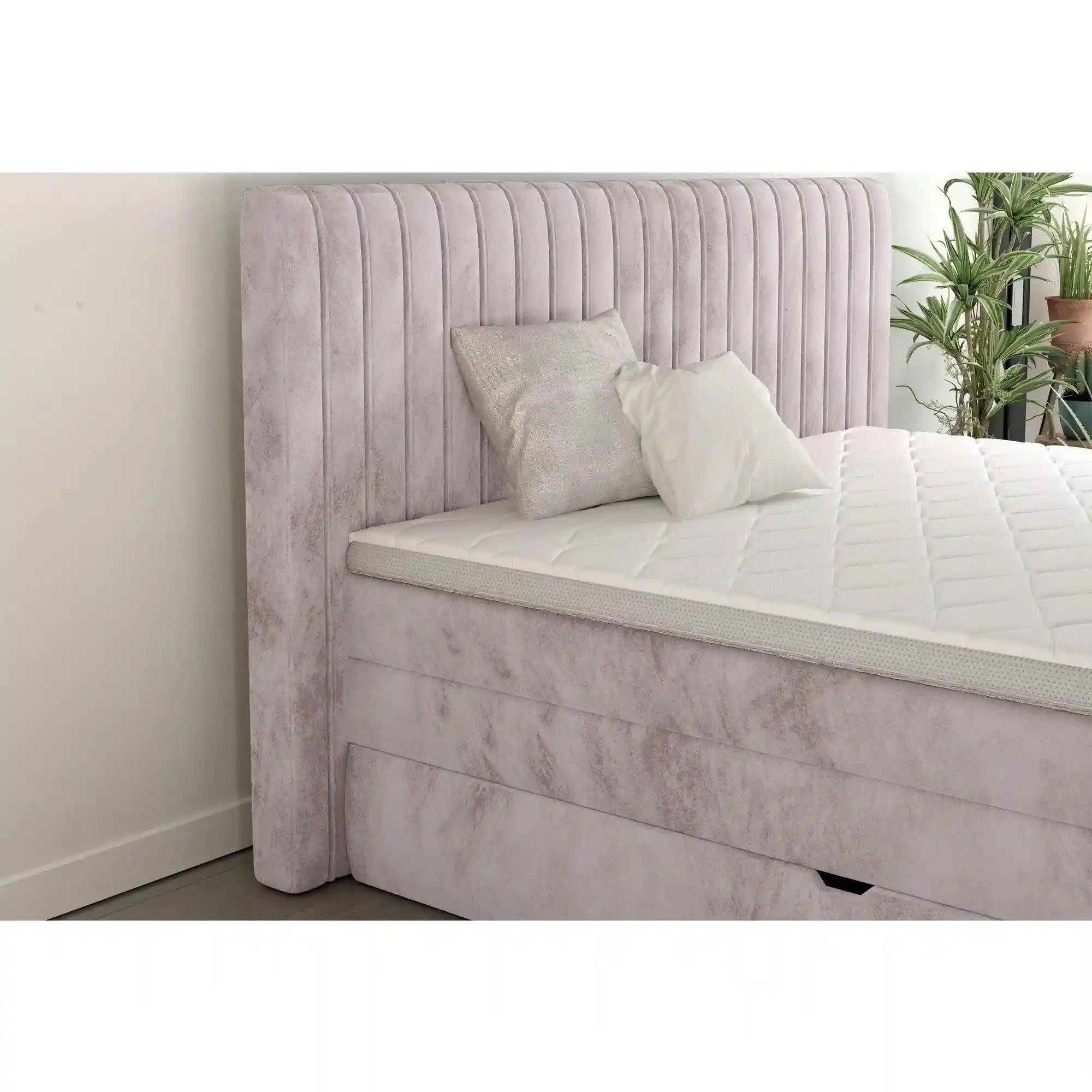 Pat boxspring MINOLA 160x200, personalizabil gama materiale Oferta Avantaj, cu saltele, topper si 2 lazi pentru depozitare