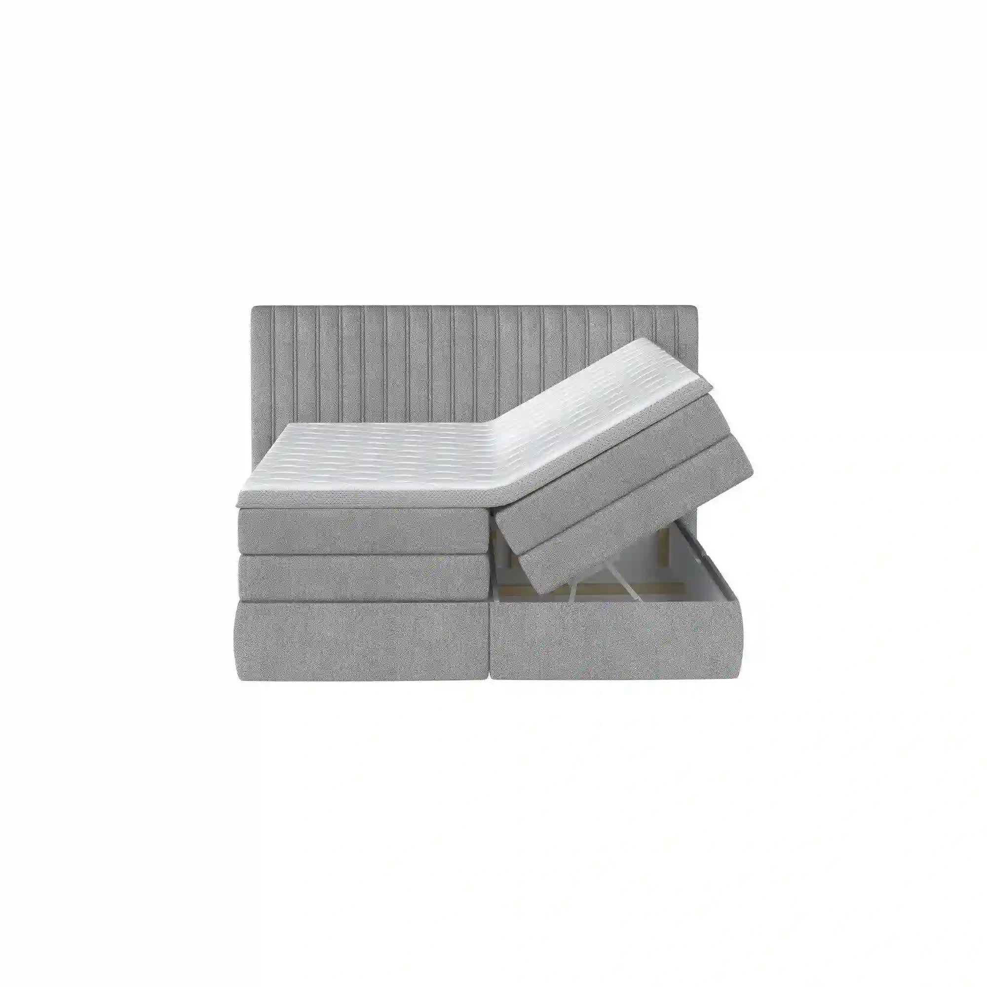 Pat boxspring MINOLA 160x200, personalizabil gama materiale Premium, cu saltele, topper si 2 lazi pentru depozitare