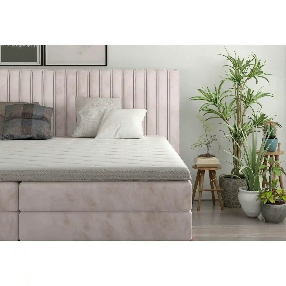 Pat boxspring MINOLA 160x200, stofa catifelata bej - Riviera 16, cu saltele, topper si 2 lazi pentru depozitare