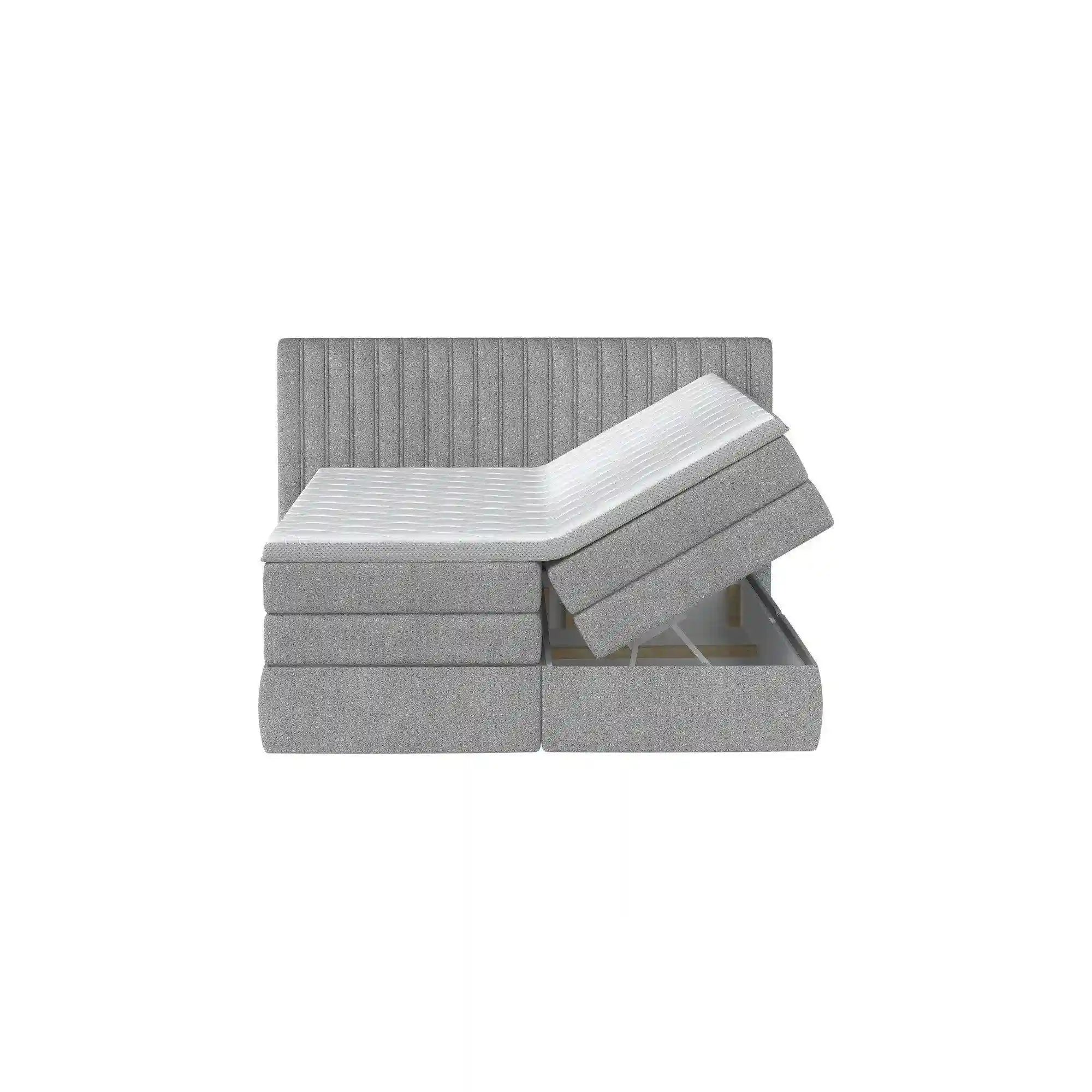 Pat boxspring MINOLA 160x200, stofa catifelata bej - Riviera 16, Gama Premium, cu saltele, topper si 2 lazi pentru depozitare