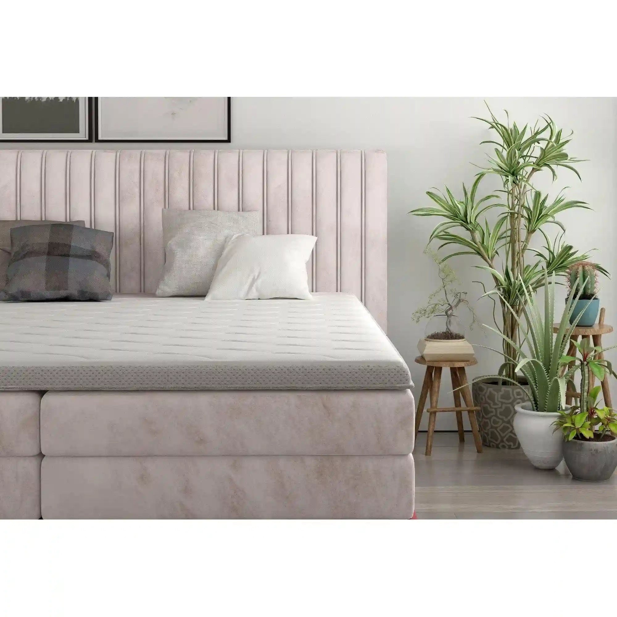 Pat boxspring MINOLA 160x200, stofa catifelata bej - Riviera 16, Gama Premium, cu saltele, topper si 2 lazi pentru depozitare