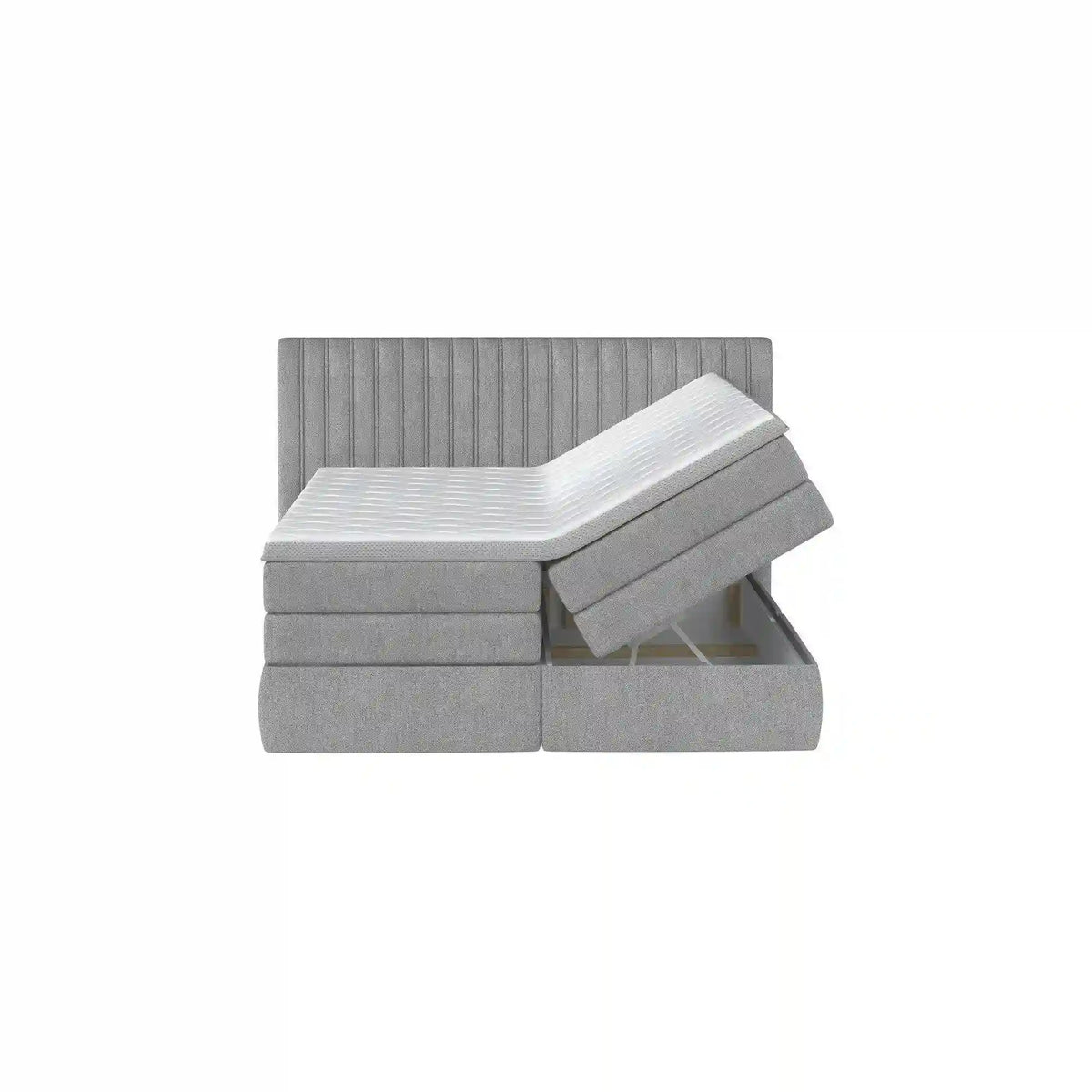 Pat boxspring MINOLA 160x200, stofa catifelata crem - Riviera 21, Gama Premium, cu saltele, topper si 2 lazi pentru depozitare