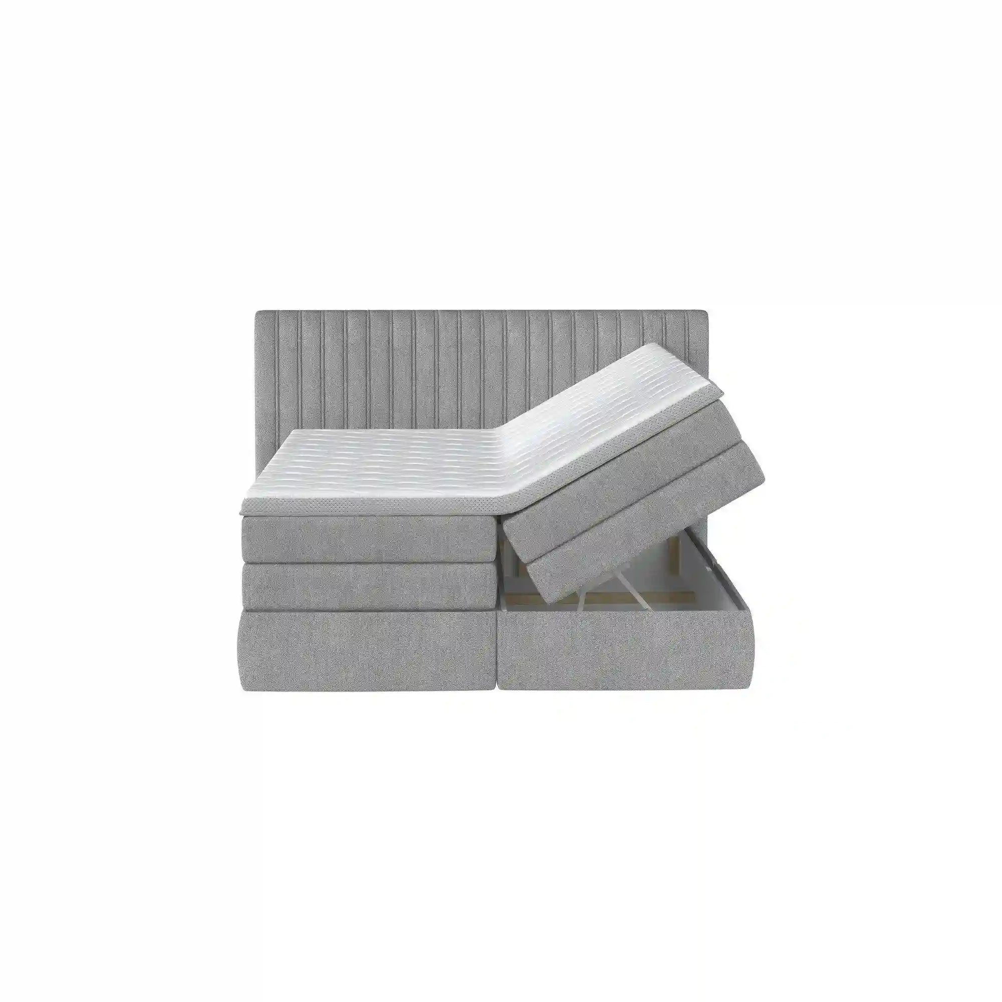 Pat boxspring MINOLA 160x200, stofa catifelata gri - Monolith 84, cu saltele, topper si 2 lazi pentru depozitare