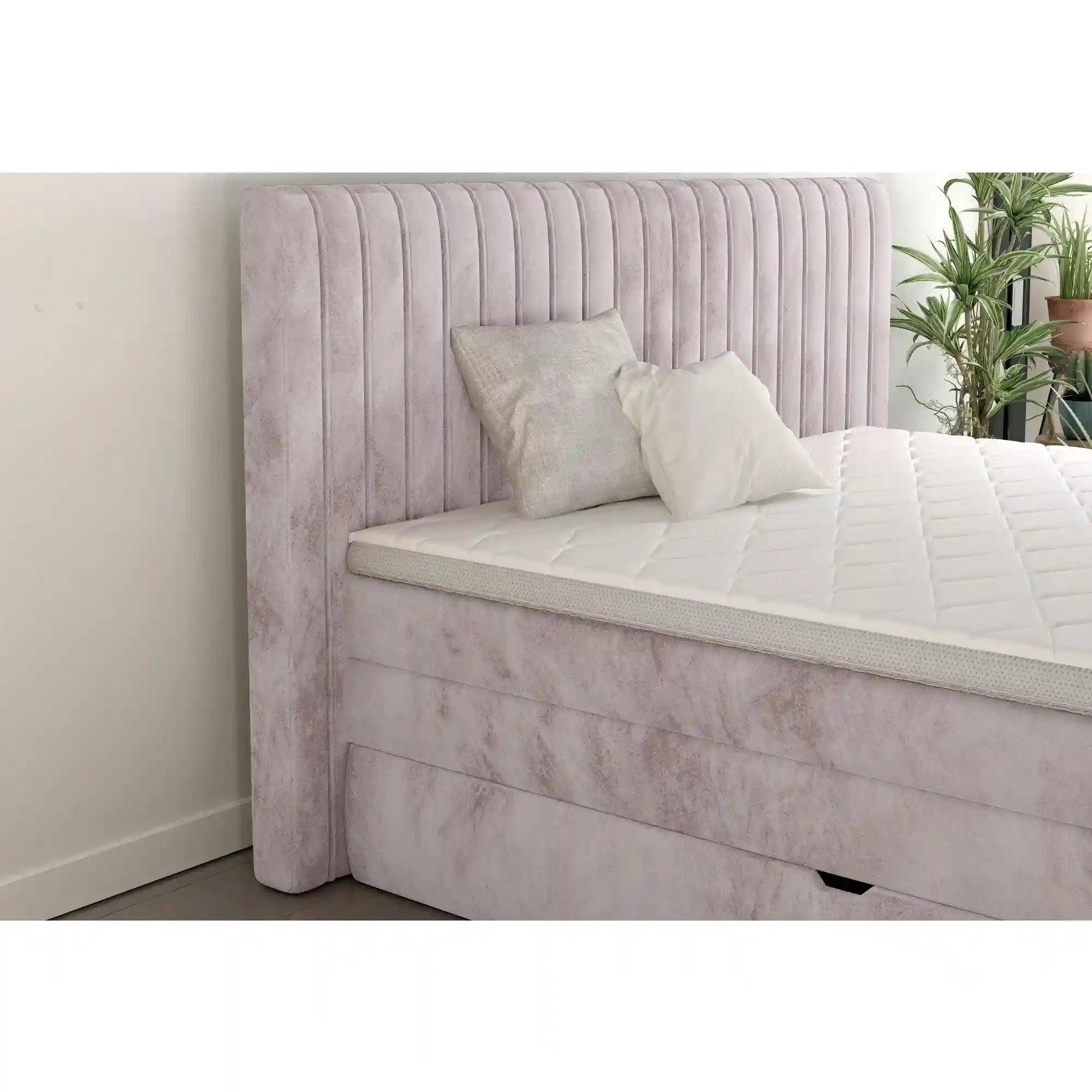Pat boxspring MINOLA 160x200, stofa catifelata gri - Monolith 84, cu saltele, topper si 2 lazi pentru depozitare