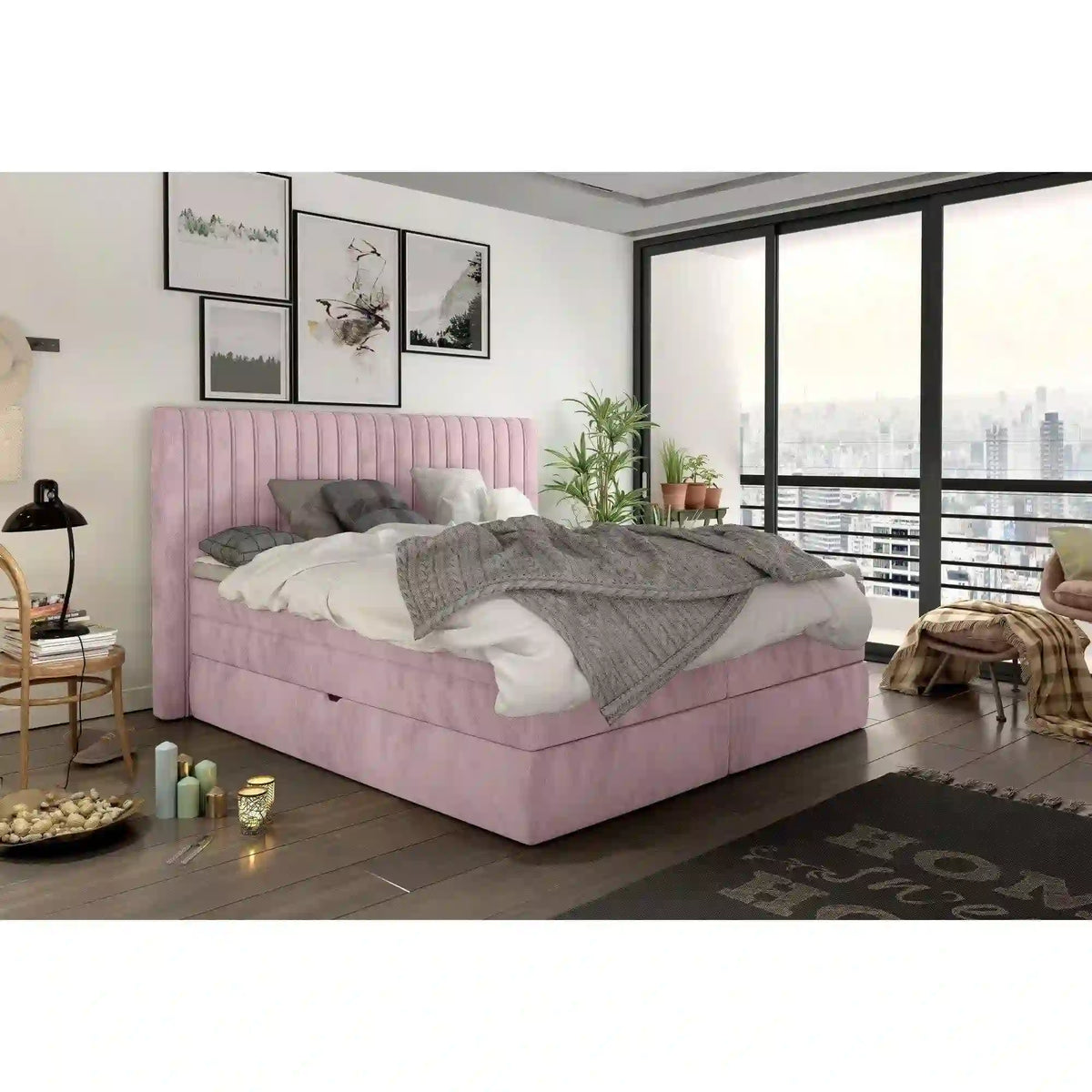 Pat boxspring MINOLA 160x200, stofa catifelata roz - Riviera 62, Gama Premium, cu saltele, topper si 2 lazi pentru depozitare
