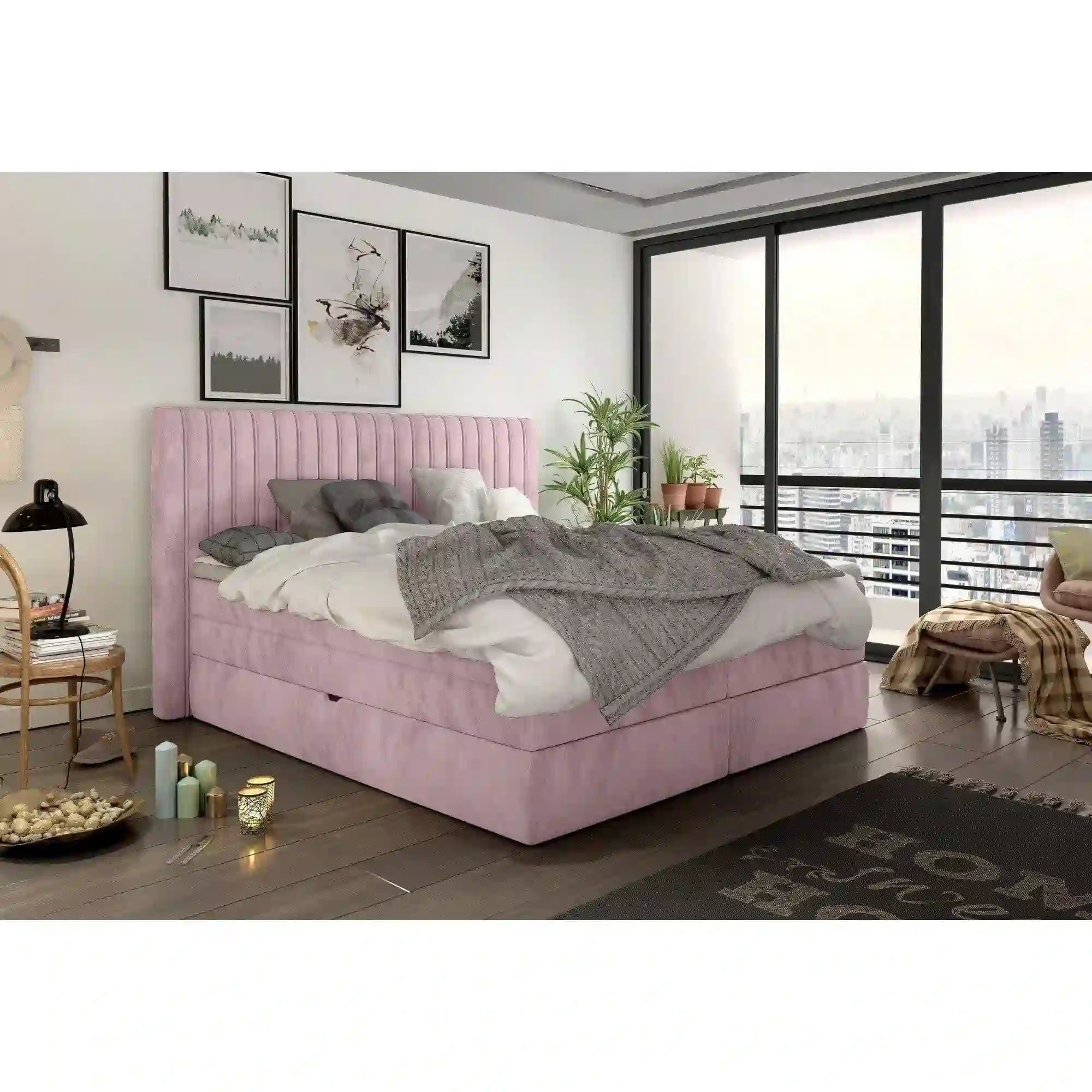 Pat boxspring MINOLA 160x200, stofa catifelata roz - Riviera 62, Gama Premium, cu saltele, topper si 2 lazi pentru depozitare