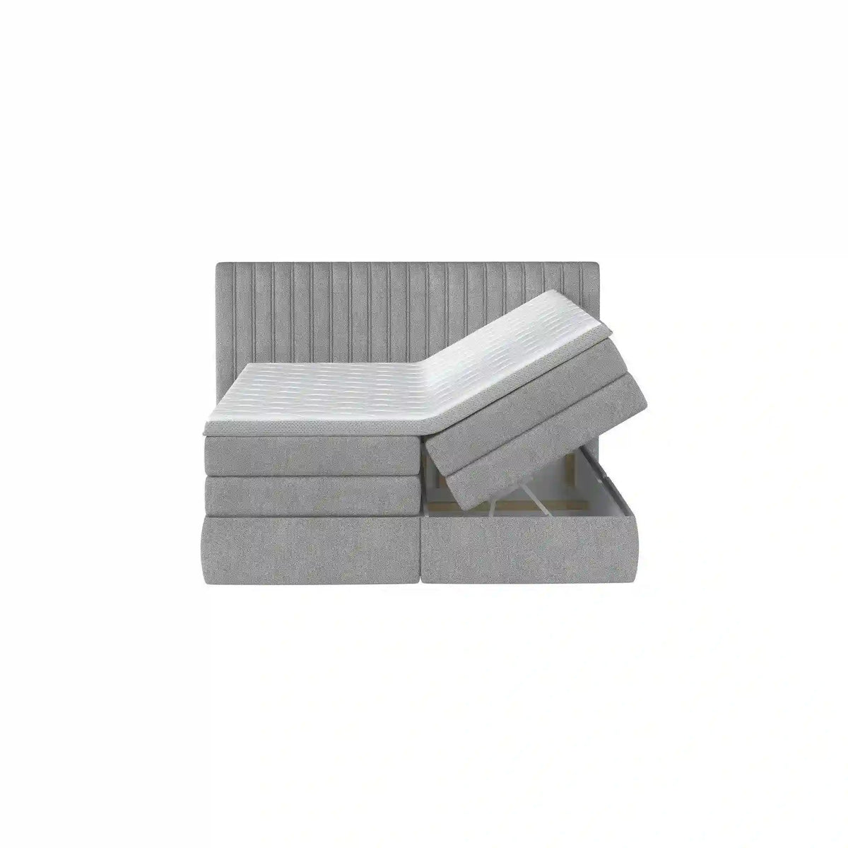 Pat boxspring MINOLA 160x200, stofa catifelata roz - Riviera 62, Gama Premium, cu saltele, topper si 2 lazi pentru depozitare