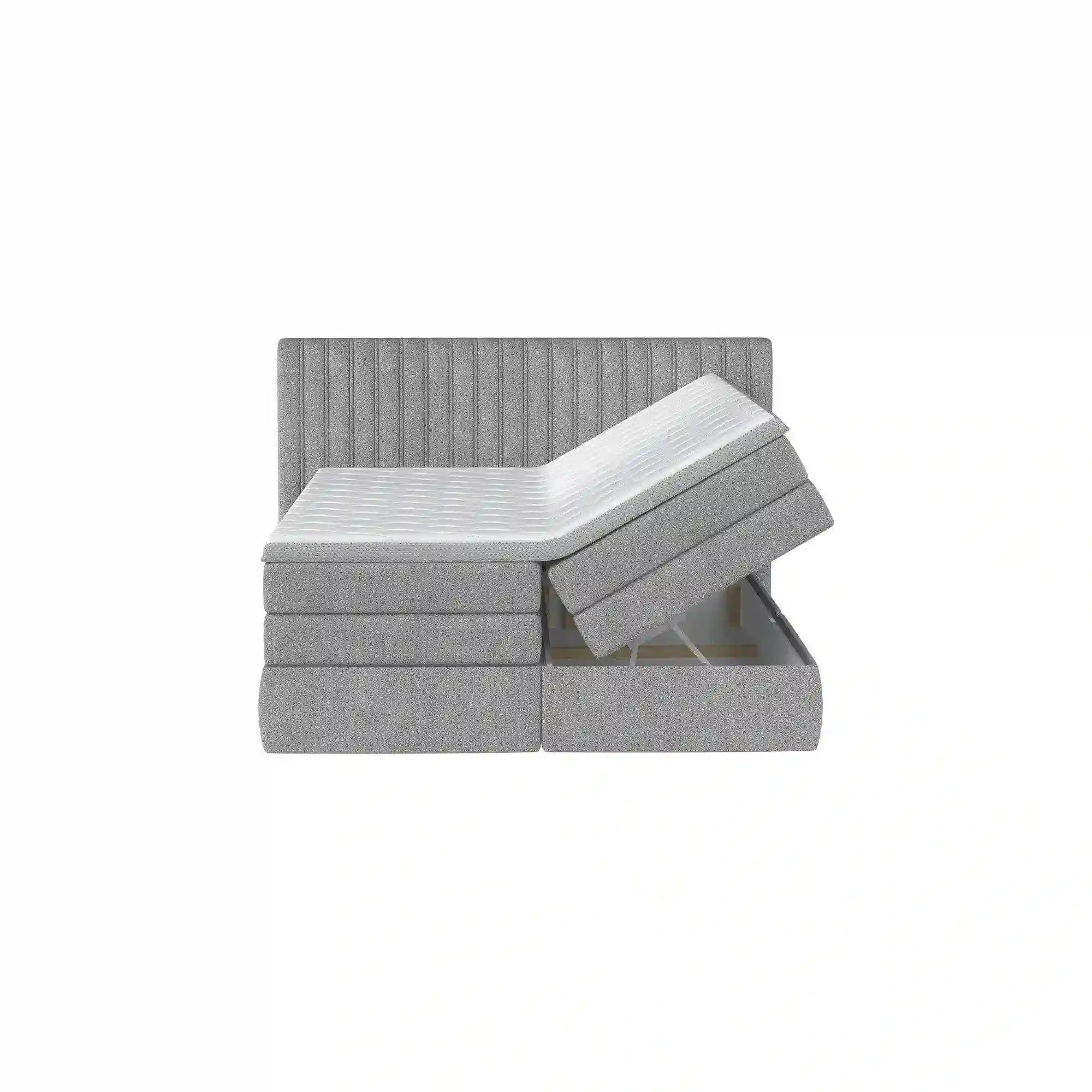 Pat boxspring MINOLA 180x200, personalizabil materiale gama Premium, cu saltele, topper si 2 lazi pentru depozitare