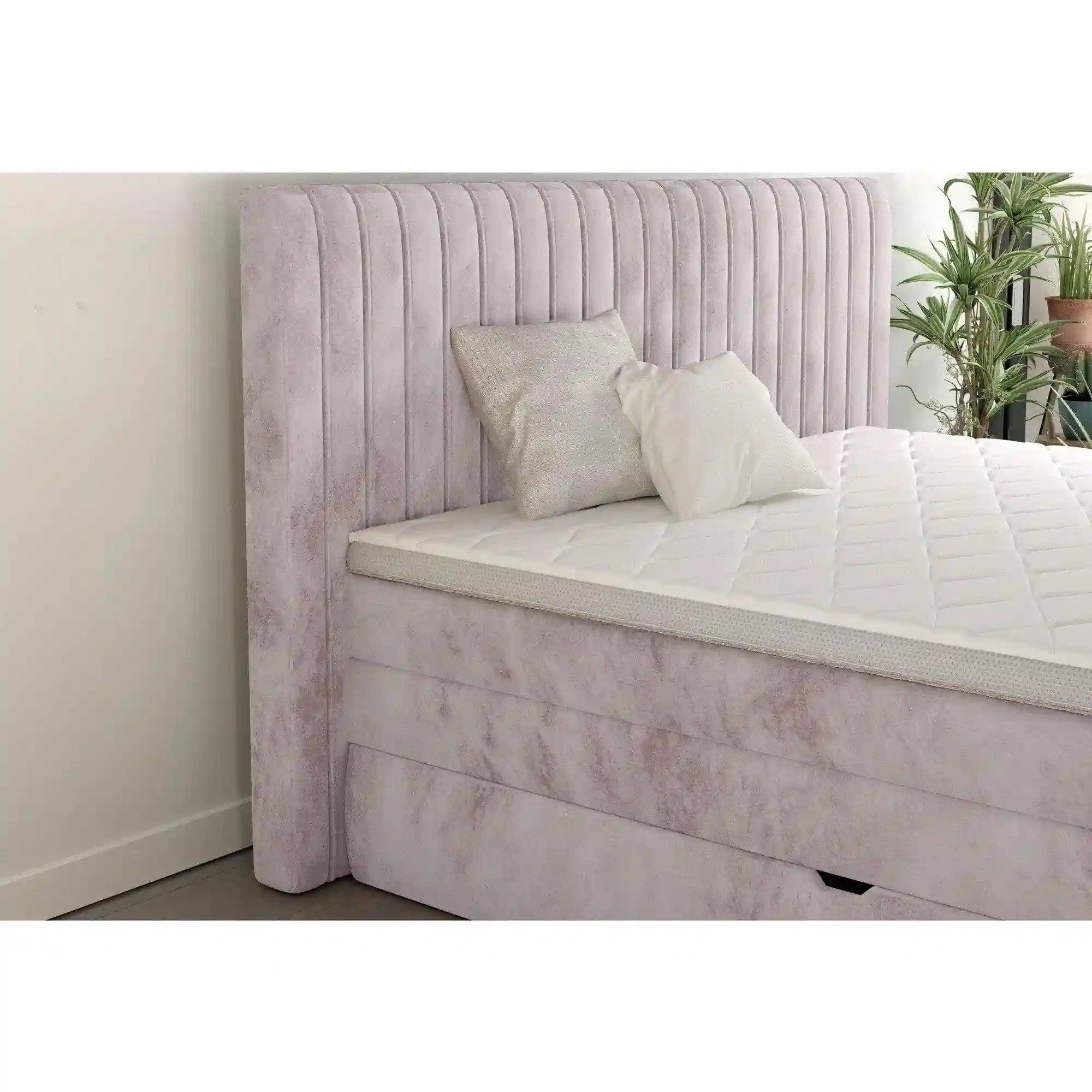 Pat boxspring MINOLA 160x200, stofa catifelata roz - Riviera 62, Gama Premium, cu saltele, topper si 2 lazi pentru depozitare