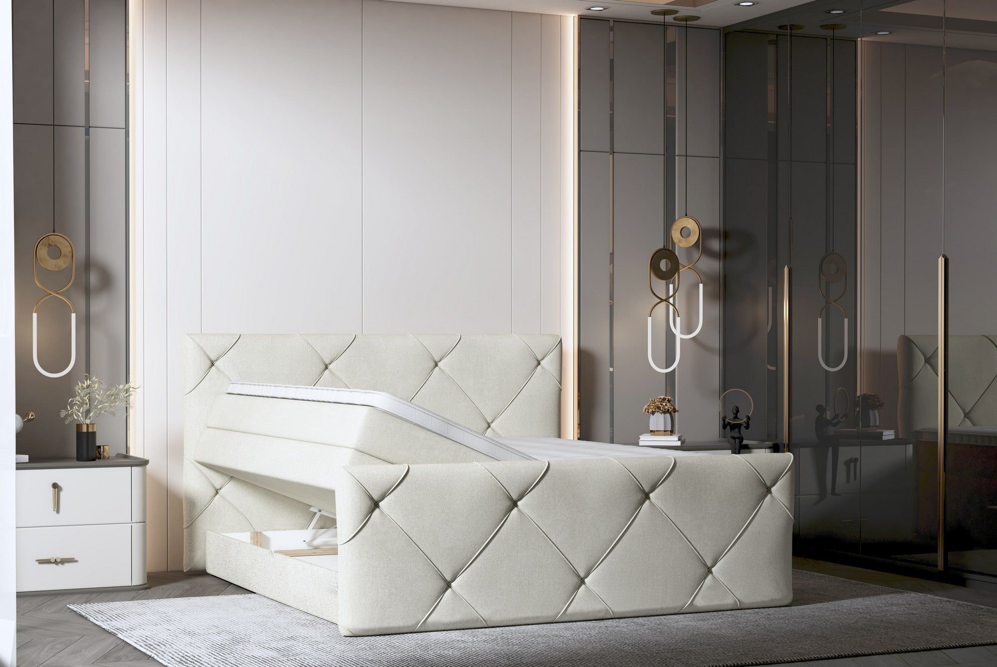 Pat boxspring MOSSA 160x200, personalizabil materiale Gama Premium, cu saltele, topper si lada pentru depozitare