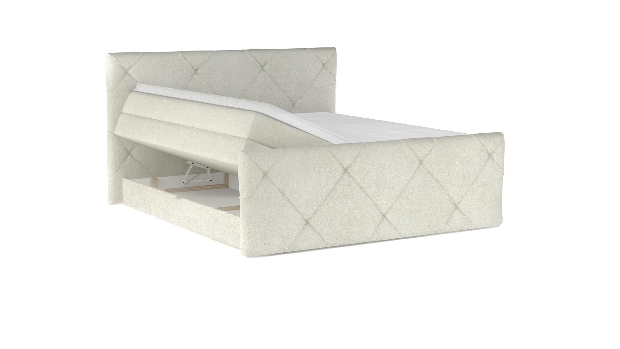 Pat boxspring MOSSA 160x200, personalizabil materiale Gama Premium, cu saltele, topper si lada pentru depozitare