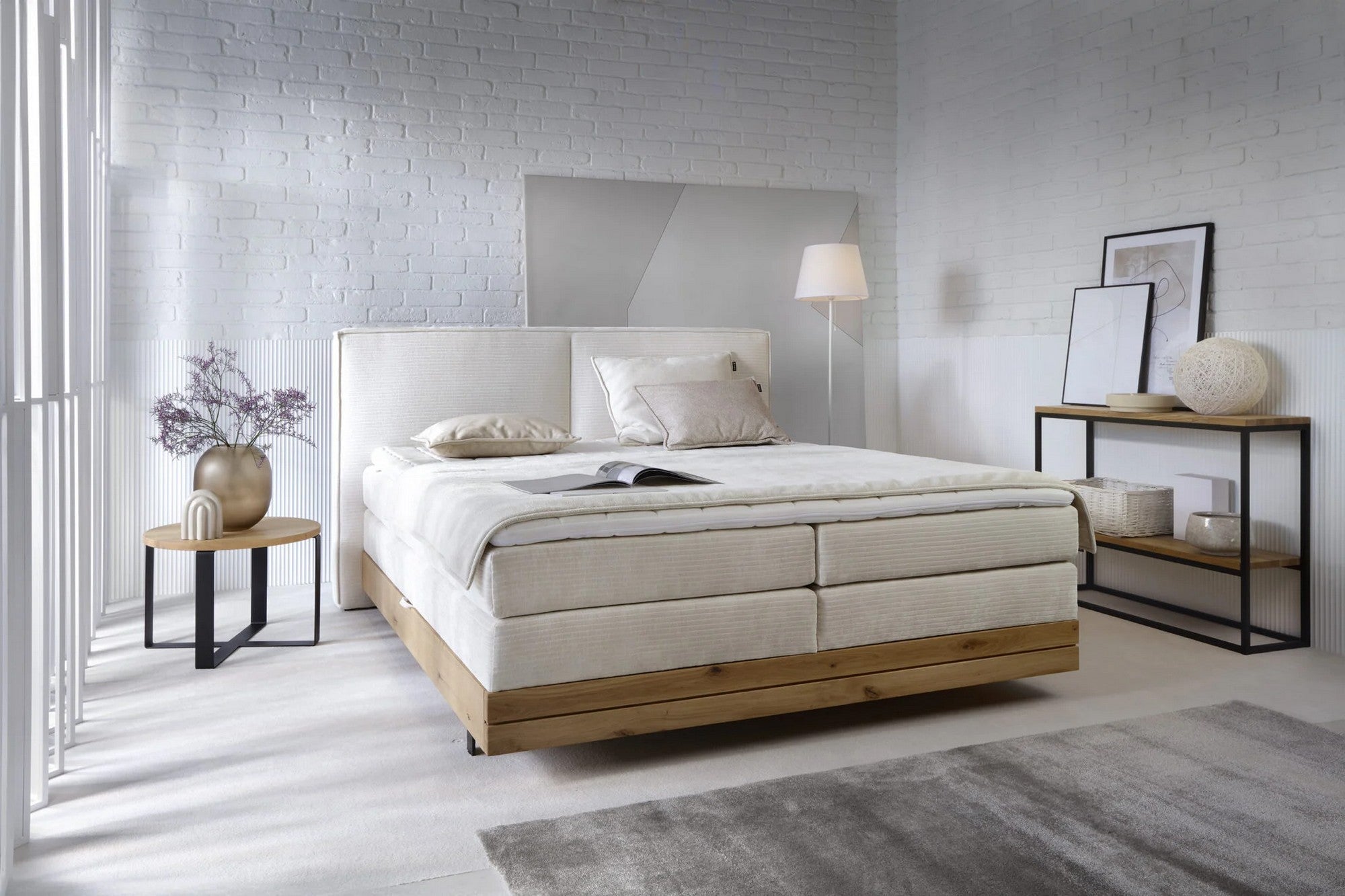 Pat boxspring NEBIA 160x200, personalizabil materiale Gama Premium, cu saltele, topper si lada pentru depozitare