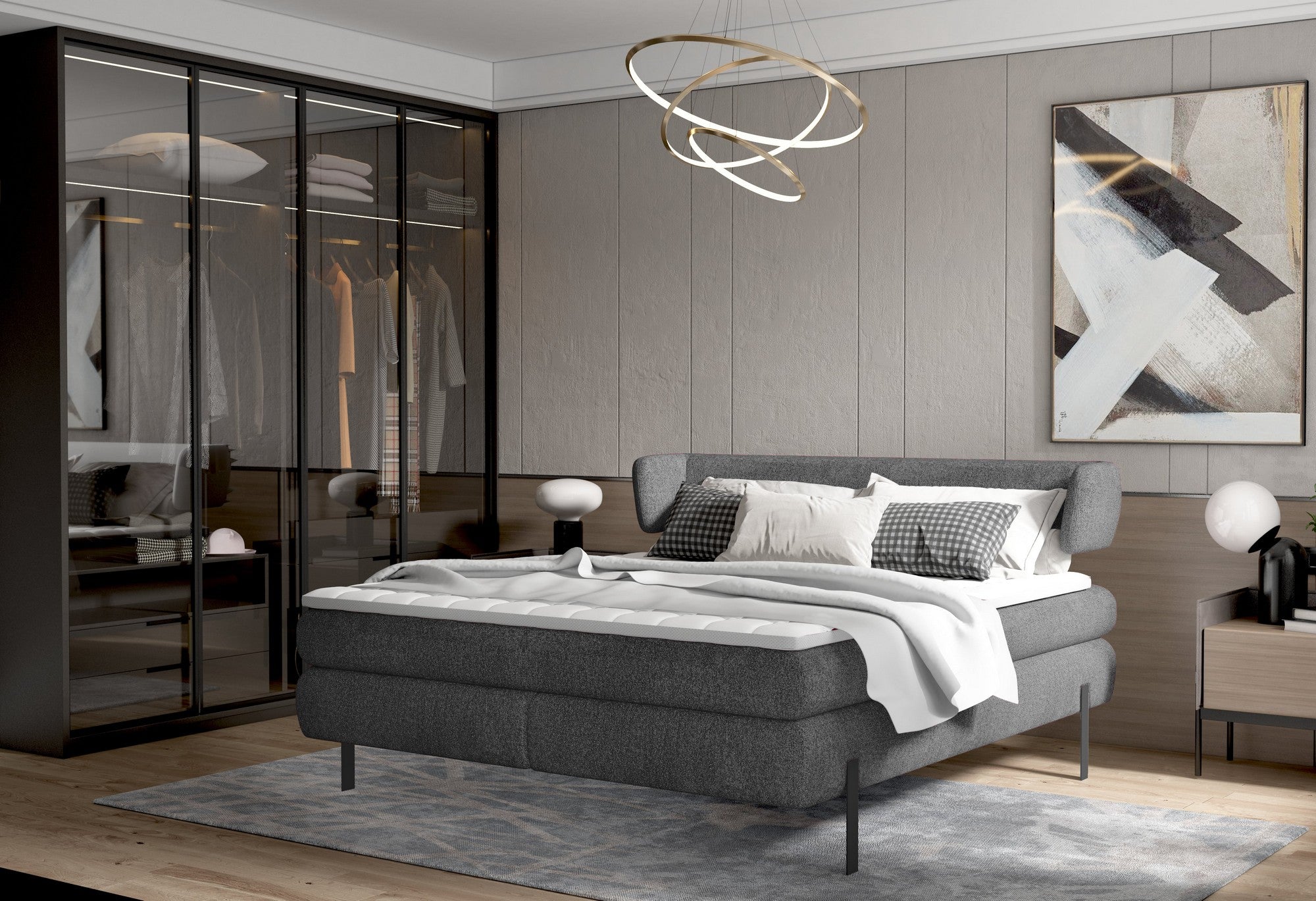 Pat boxspring NOBILE 160x200, personalizabil materiale Gama Premium, cu saltele si topper