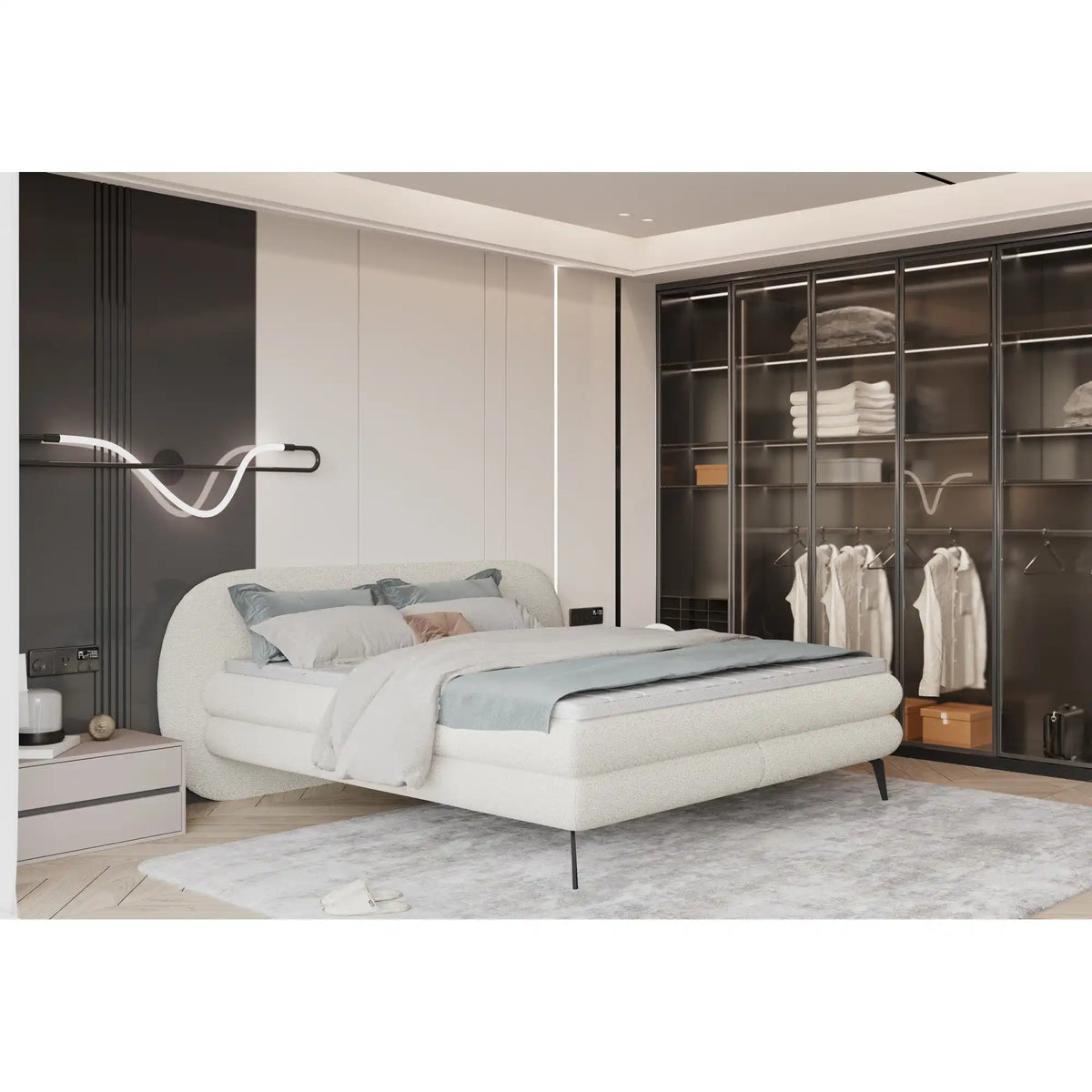 Pat boxspring OVO 160x200, personalizabil materiale Gama Premium, cu saltele si topper