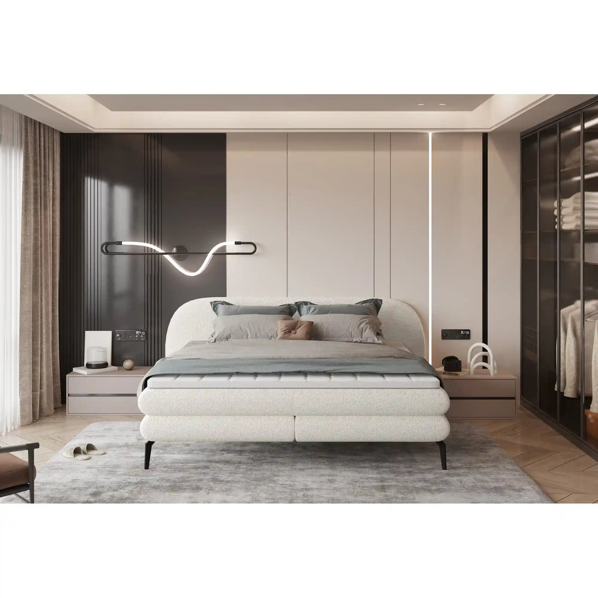 Pat boxspring OVO 160x200, personalizabil materiale Gama Premium, cu saltele si topper