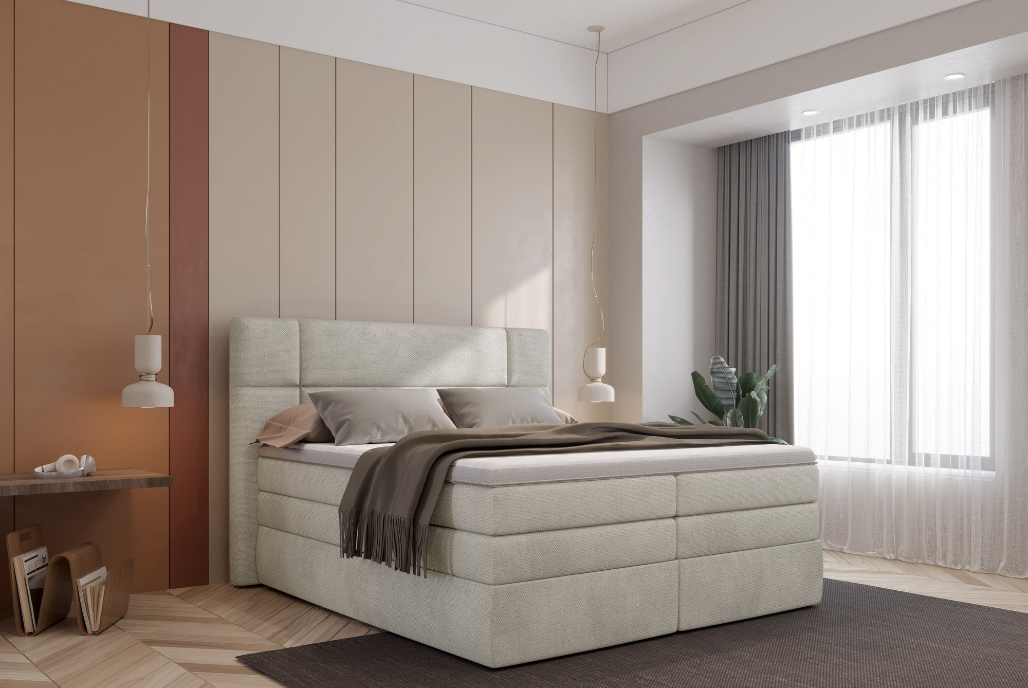 Pat boxspring PALACE 180x200, personalizabil materiale gama Oferta Avantaj, cu saltele, topper si lada pentru depozitare