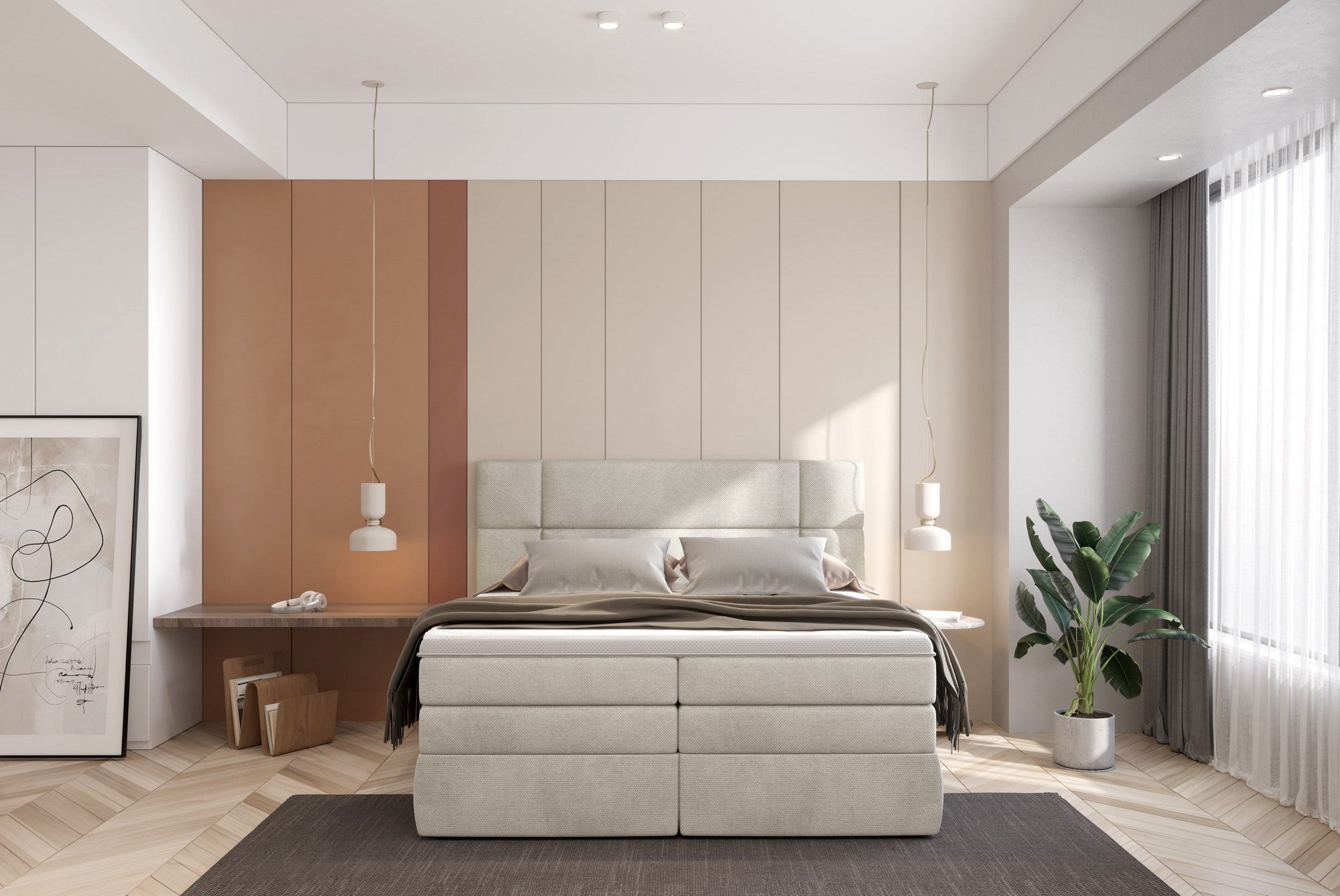 Pat boxspring PALACE 180x200, personalizabil materiale gama Oferta Avantaj, cu saltele, topper si lada pentru depozitare