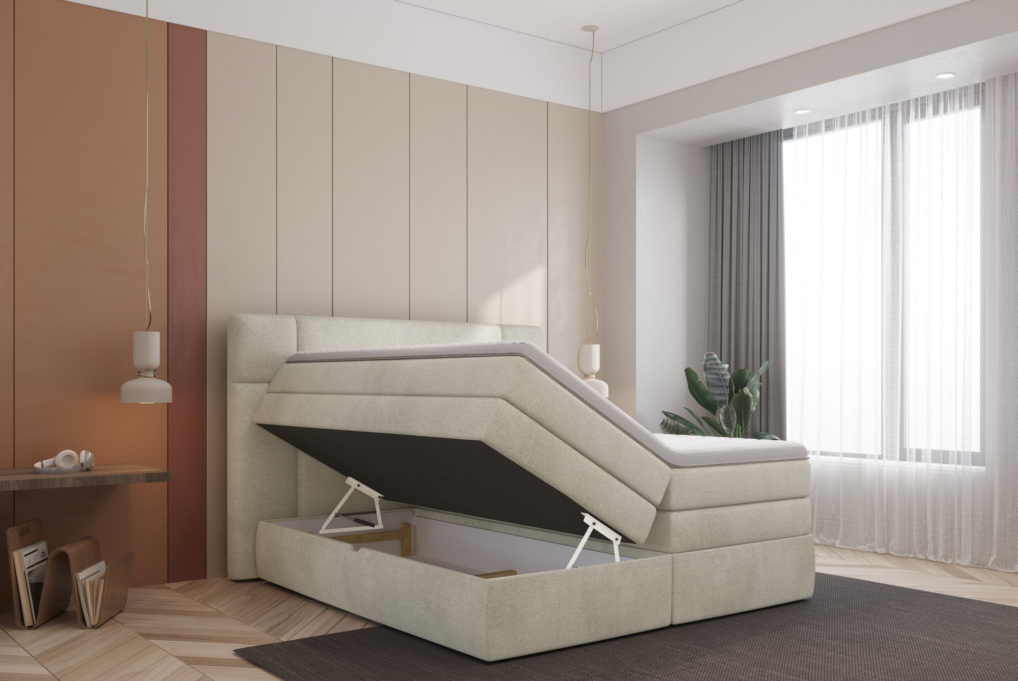 Pat boxspring PALACE 180x200, personalizabil materiale gama Oferta Avantaj, cu saltele, topper si lada pentru depozitare