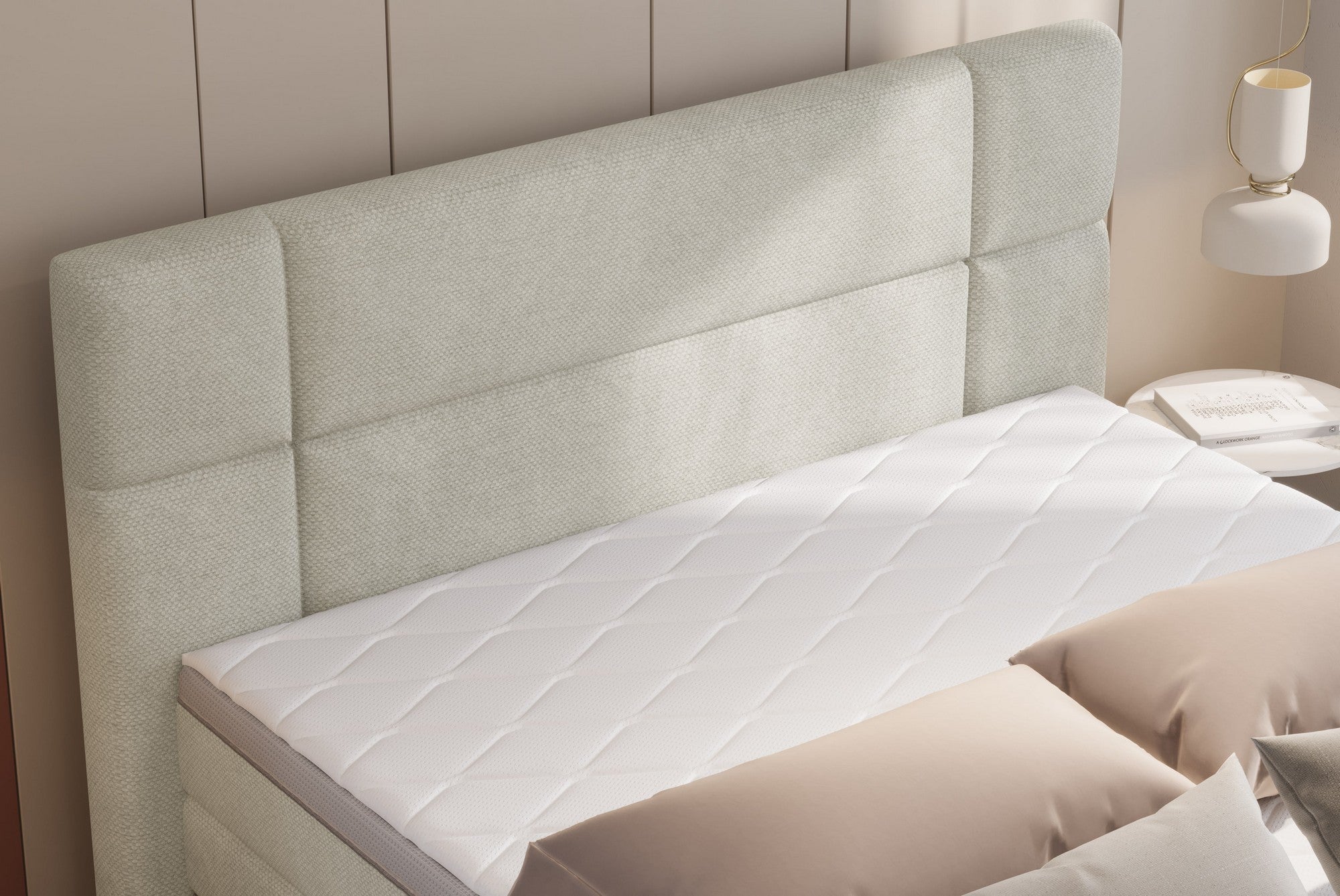 Pat boxspring PALACE 180x200, personalizabil materiale gama Oferta Avantaj, cu saltele, topper si lada pentru depozitare