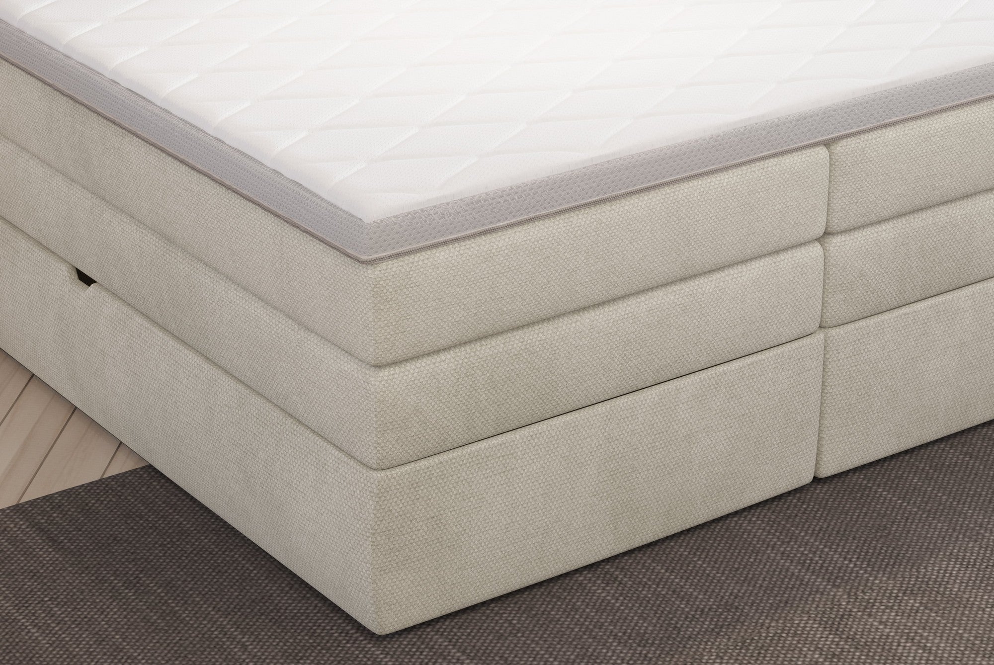 Pat boxspring PALACE 180x200, personalizabil materiale gama Oferta Avantaj, cu saltele, topper si lada pentru depozitare