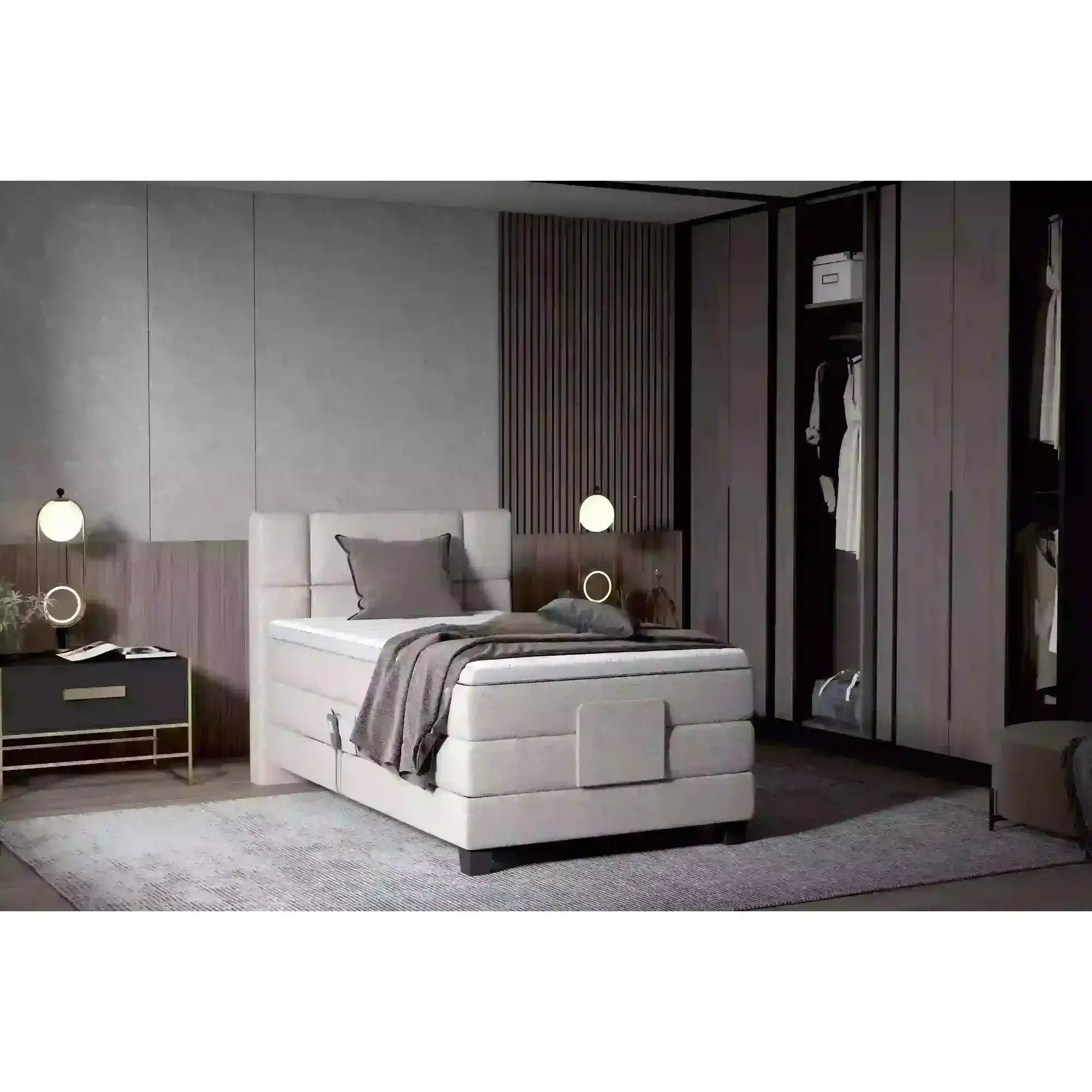 Pat boxspring REY 100x200, personalizabil materiale gama Oferta Avantaj, cu mecanism electric, saltele si topper