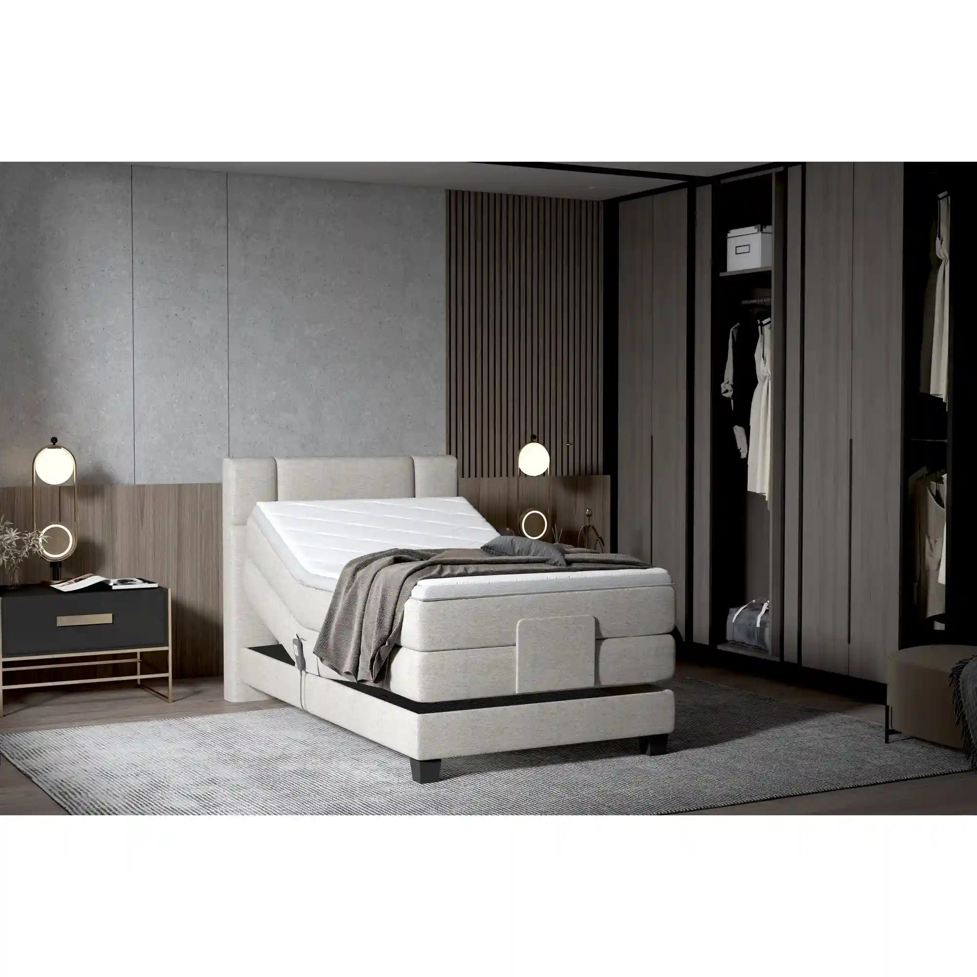 Pat boxspring REY 90x200, personalizabil materiale Gama Premium, cu mecanism electric, saltele si topper