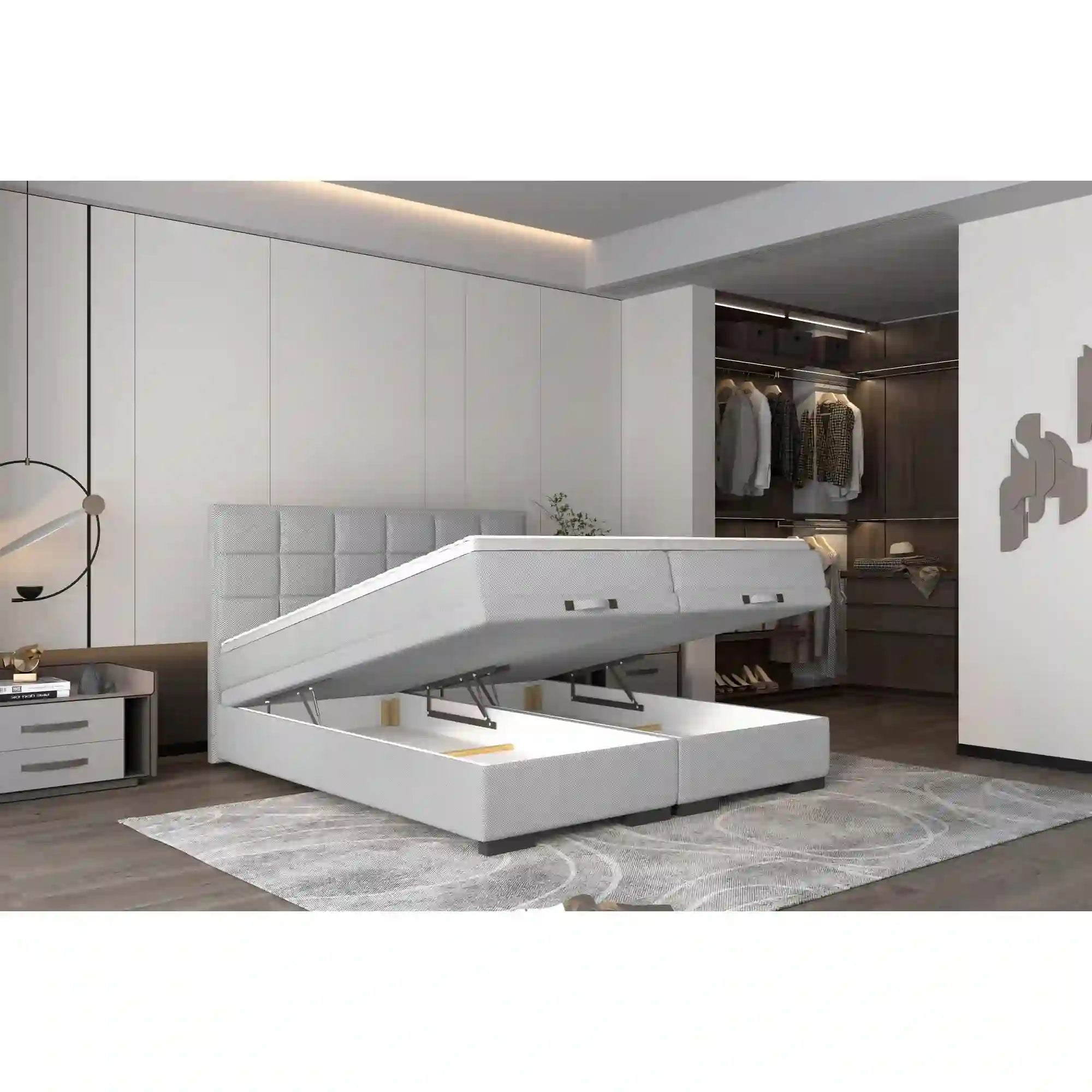 Pat boxspring SEMENO 160x200, personalizabil materiale Gama Premium, cu saltele, spatiu depozitare si topper