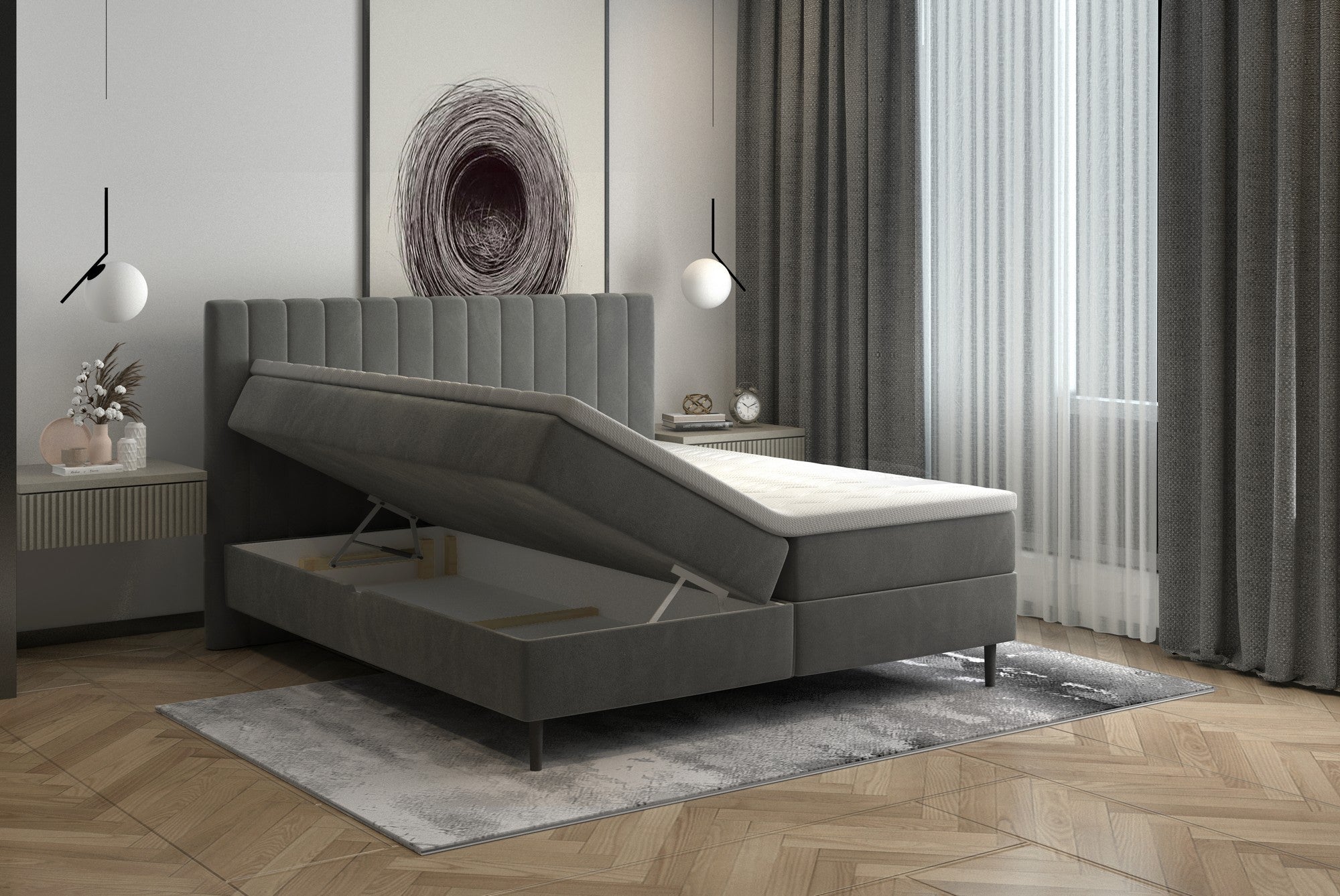 Pat boxspring TANGO 180x200, personalizabil materiale Gama Premium, cu saltea, topper, lada pentru depozitare si pistoane