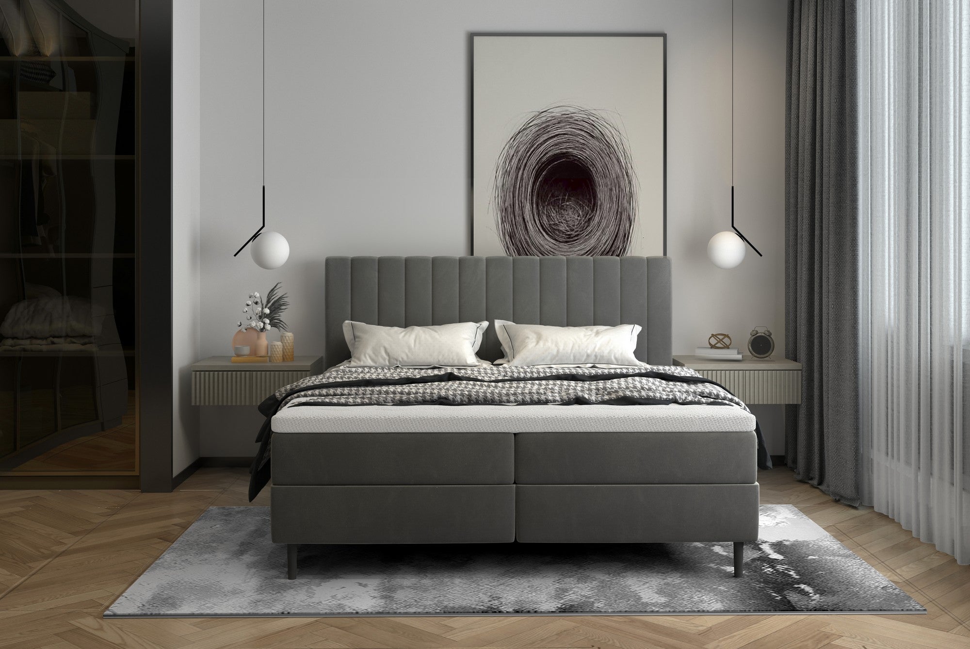 Pat boxspring TANGO 180x200, personalizabil materiale Gama Premium, cu saltea, topper, lada pentru depozitare si pistoane