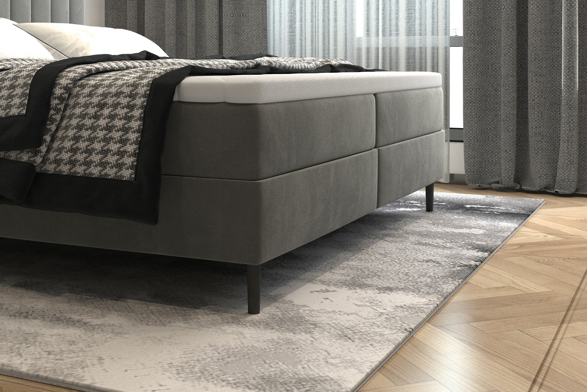 Pat boxspring TANGO 180x200, personalizabil materiale Gama Premium, cu saltea, topper, lada pentru depozitare si pistoane