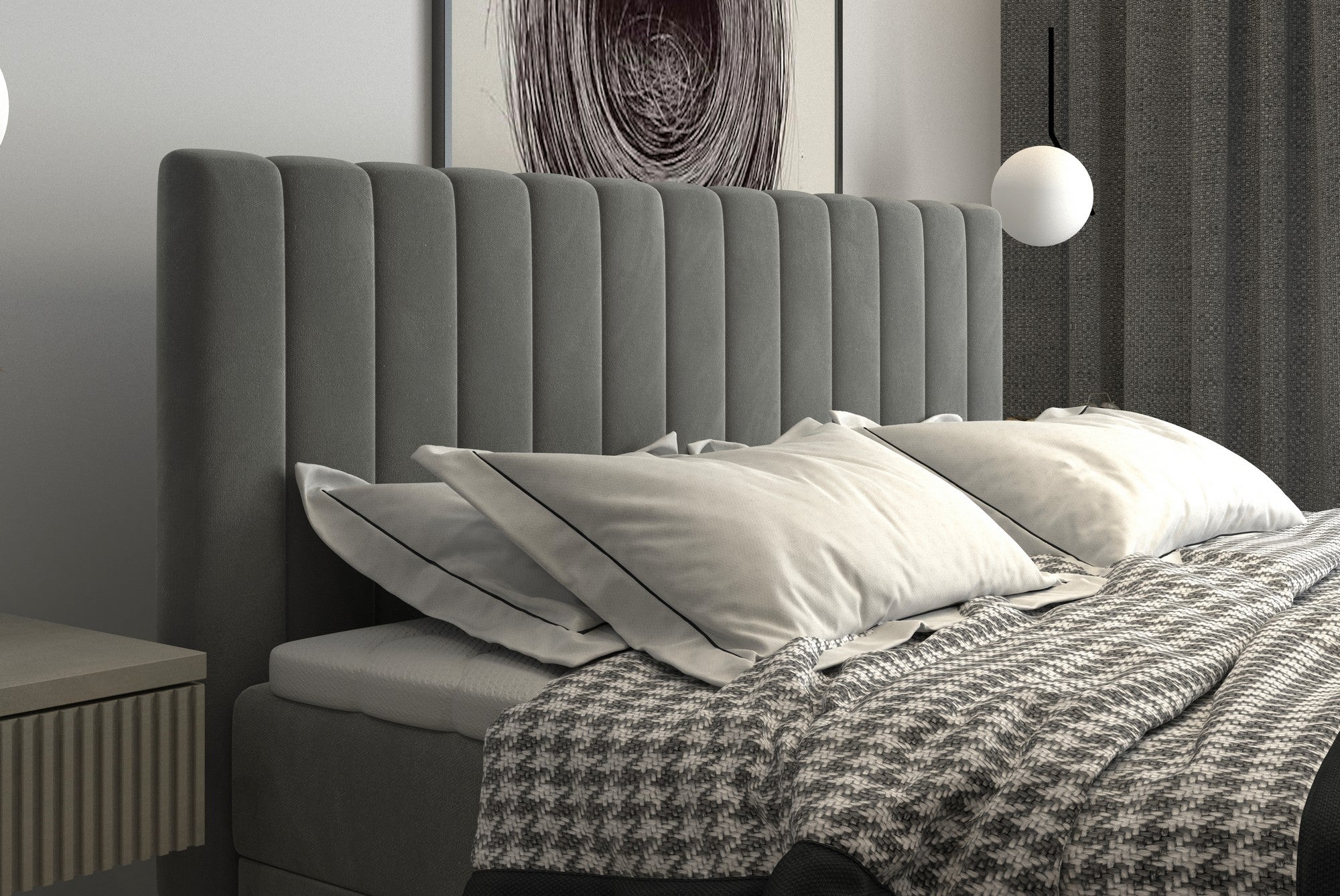 Pat boxspring TANGO 180x200, personalizabil materiale Gama Premium, cu saltea, topper, lada pentru depozitare si pistoane