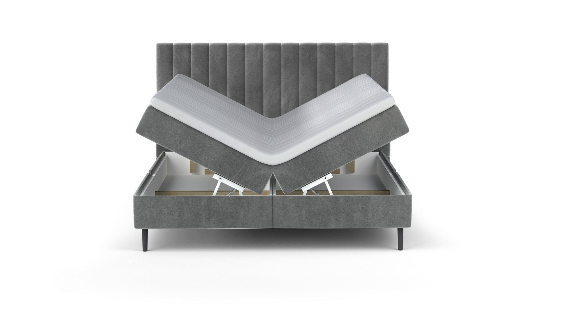 Pat boxspring TANGO 180x200, personalizabil materiale Gama Premium, cu saltea, topper, lada pentru depozitare si pistoane