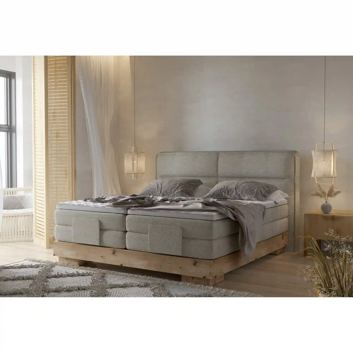 Pat boxspring VALSEN 180x200, personalizabil materiale Gama Premium, cu mecanism electric, saltele si topper