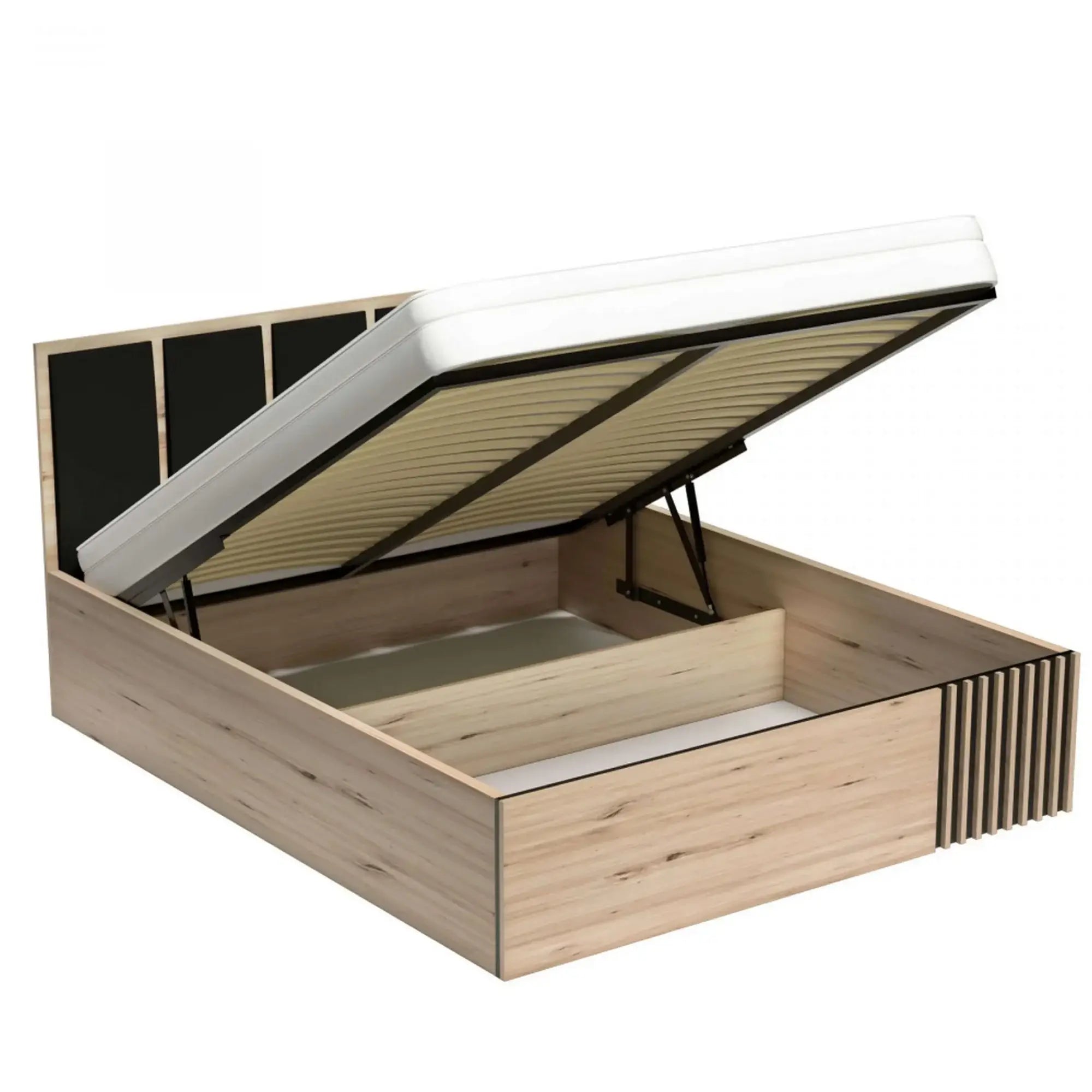 Pat CALI 160x200, stejar artisan/negru, PAL/stofa catifelata, cu suport saltea si spatiu depozitare