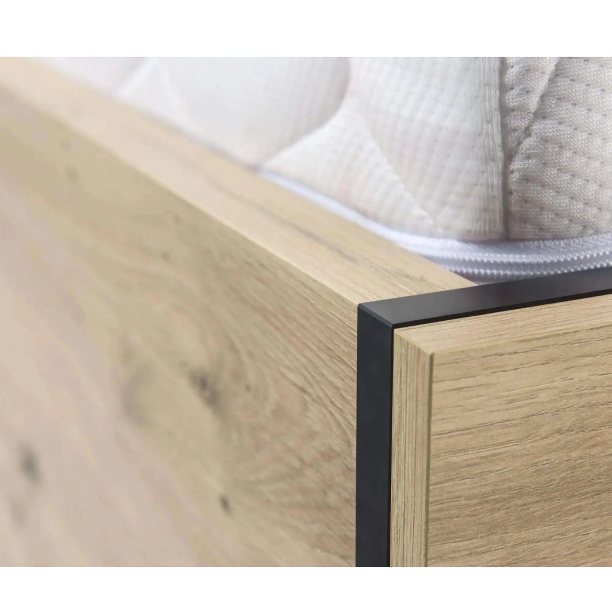 Pat CALI 160x200, stejar artisan/negru, PAL/stofa catifelata, cu suport saltea si spatiu depozitare