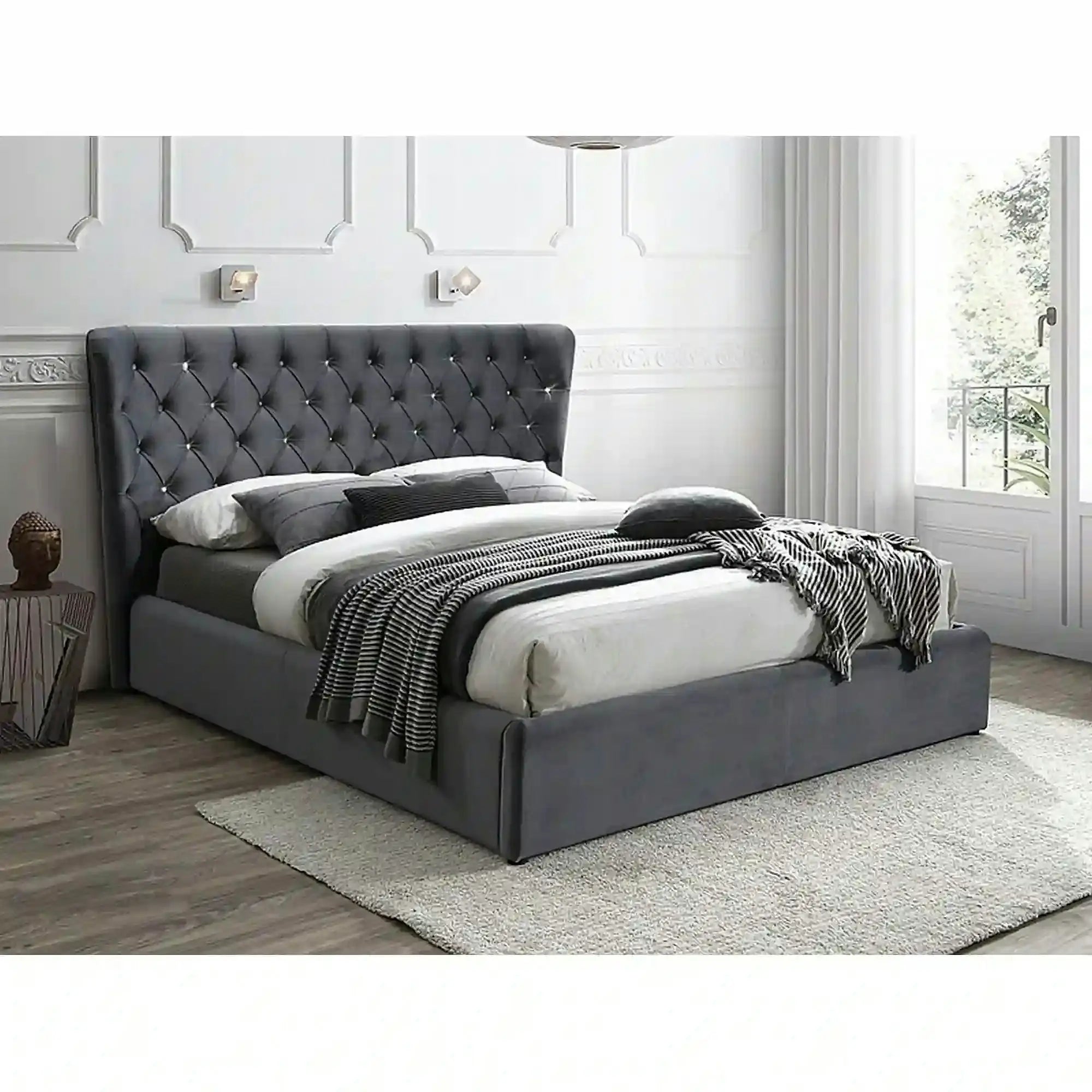 Pat Carven 160x200, stofa catifelata gri - Bluvel 14, cu somiera