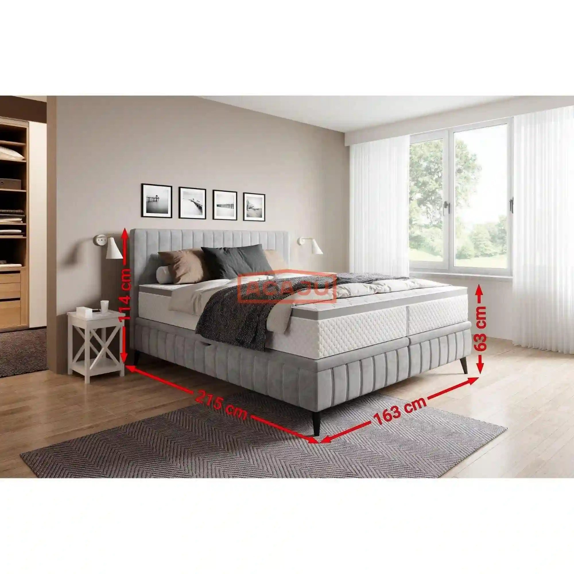 Pat CAYA 160x200, stofa catifelata bej - Whisper 03, Gama Premium, cu suport saltea, 2 lazi pentru depozitare si pistoane pe gaz