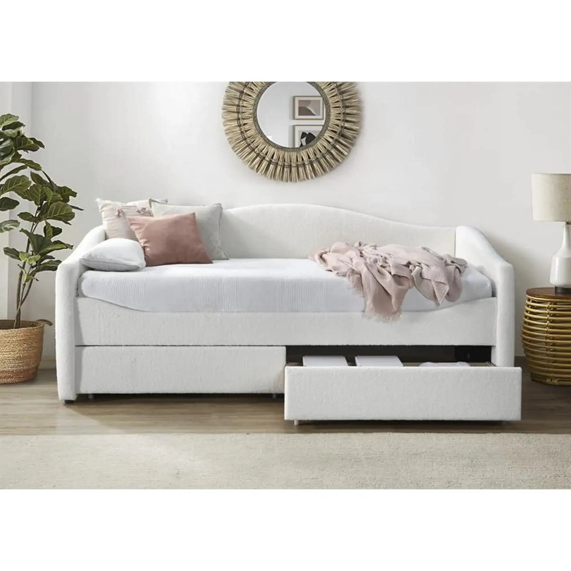 Pat CAYDENCE 90x200, stofa buclata crem, cu somiera si lada depozitare