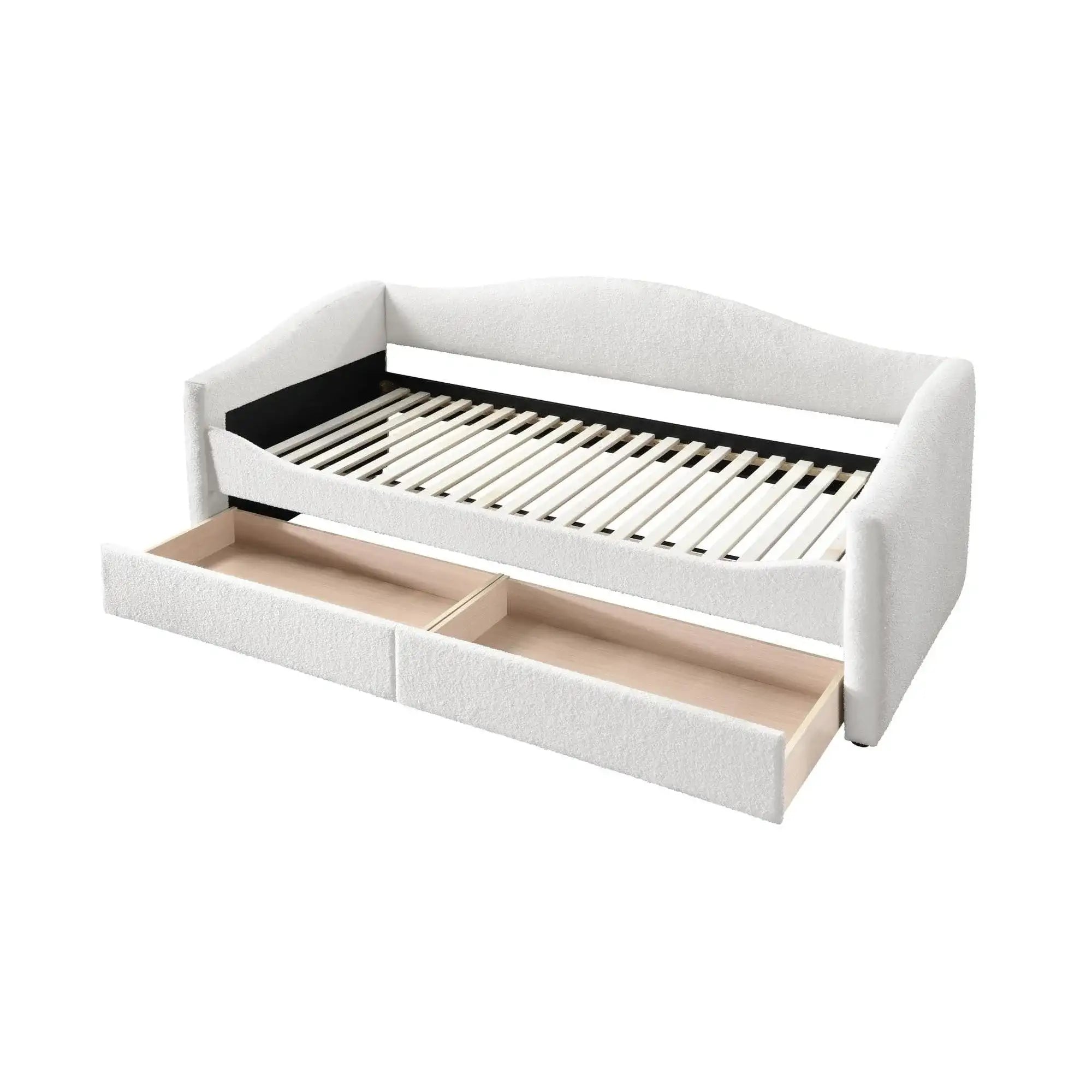 Pat CAYDENCE 90x200, stofa buclata crem, cu somiera si lada depozitare