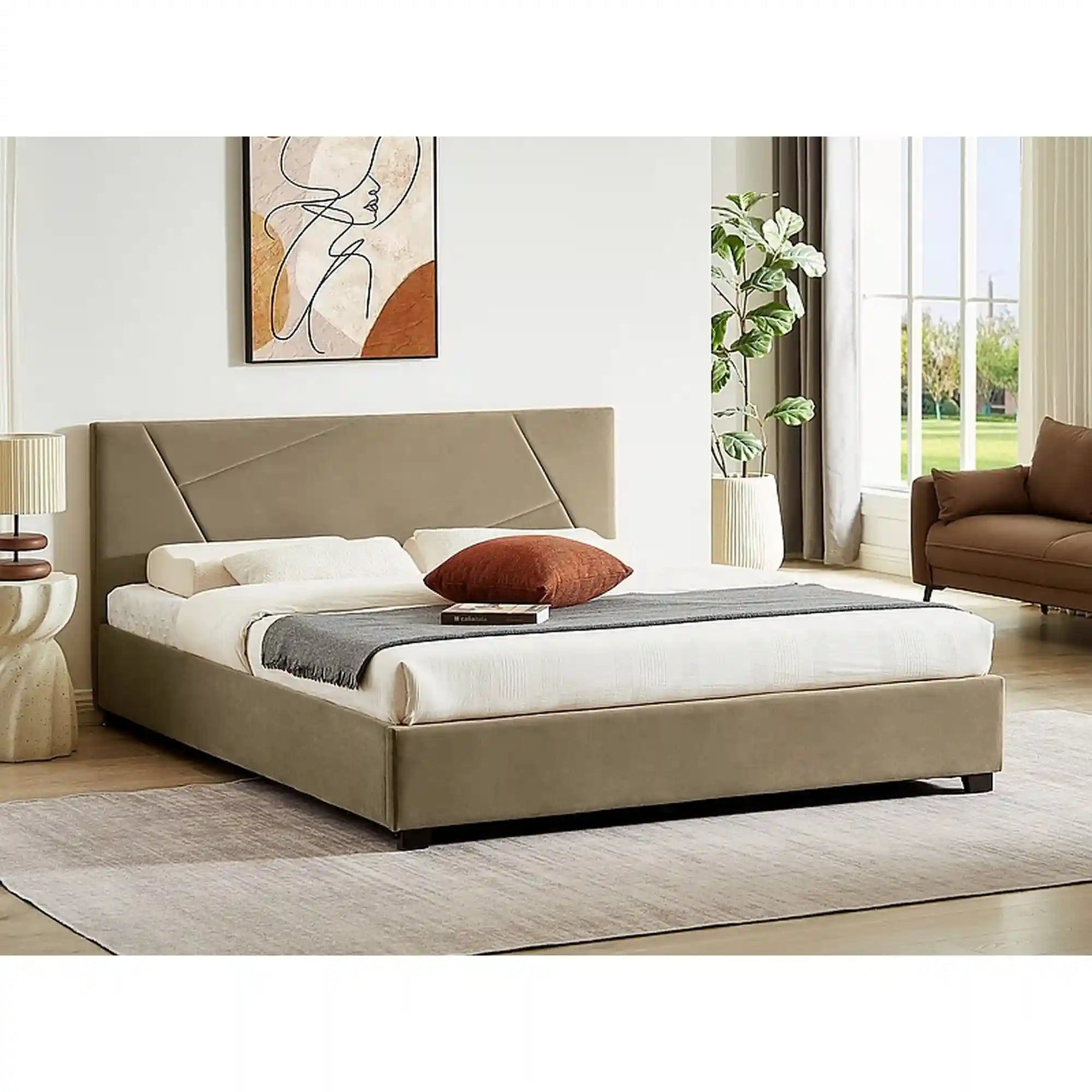 Pat COLUMBIA 160x200, stofa catifelata bej - Bluvel 28, cu somiera si spatiu depozitare