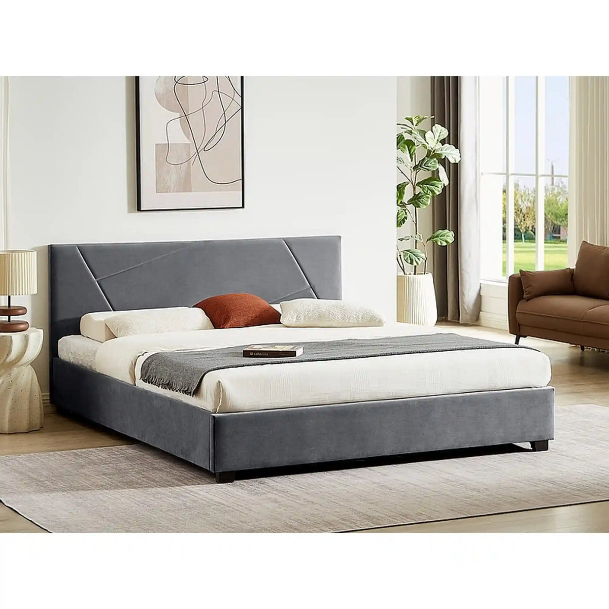 Pat COLUMBIA 160x200, stofa catifelata gri - Tap 192, cu somiera si spatiu depozitare