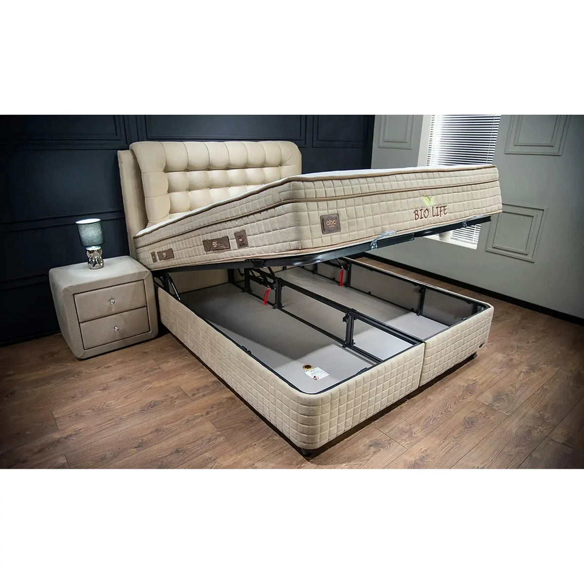 Pat cu spatar tapitat BIO LIFE 160x200, bej, stofa/PAL/metal, cu somiera, lada pentru depozitare si port USB