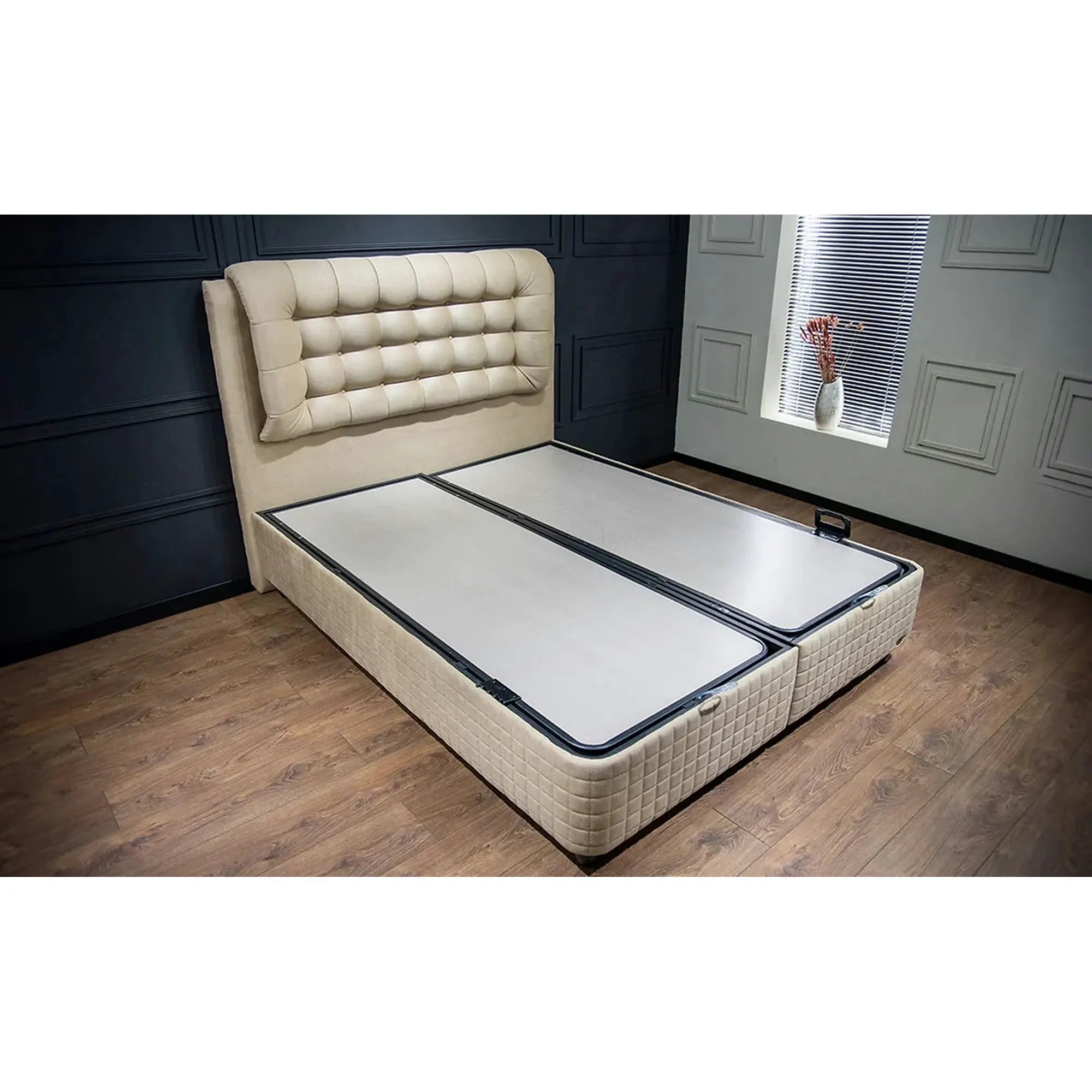 Pat cu spatar tapitat BIO LIFE 160x200, bej, stofa/PAL/metal, cu somiera, lada pentru depozitare si port USB