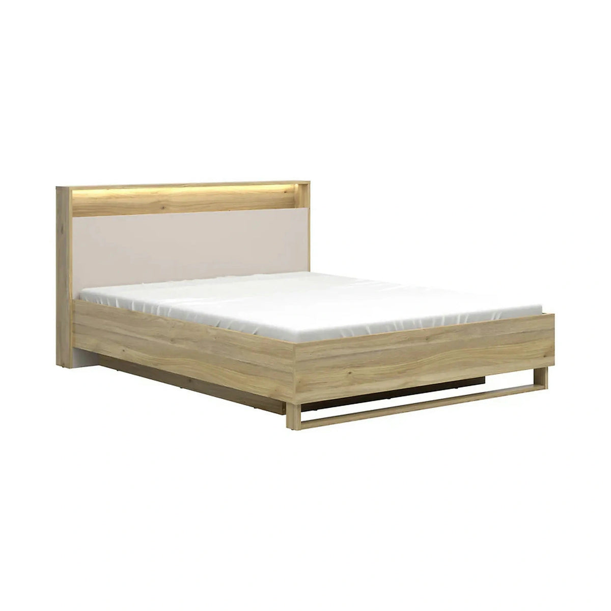 Pat DALVA 160x200, stejar/casmir, PAL, cu somiera, lada depozitare si iluminare LED