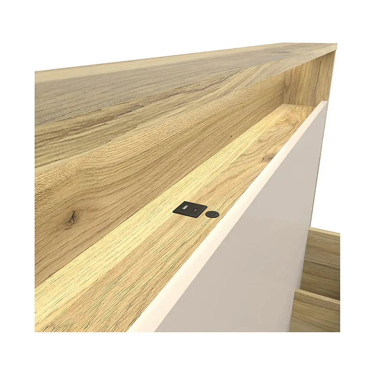Pat DALVA 160x200, stejar/casmir, PAL, cu somiera, lada depozitare si iluminare LED