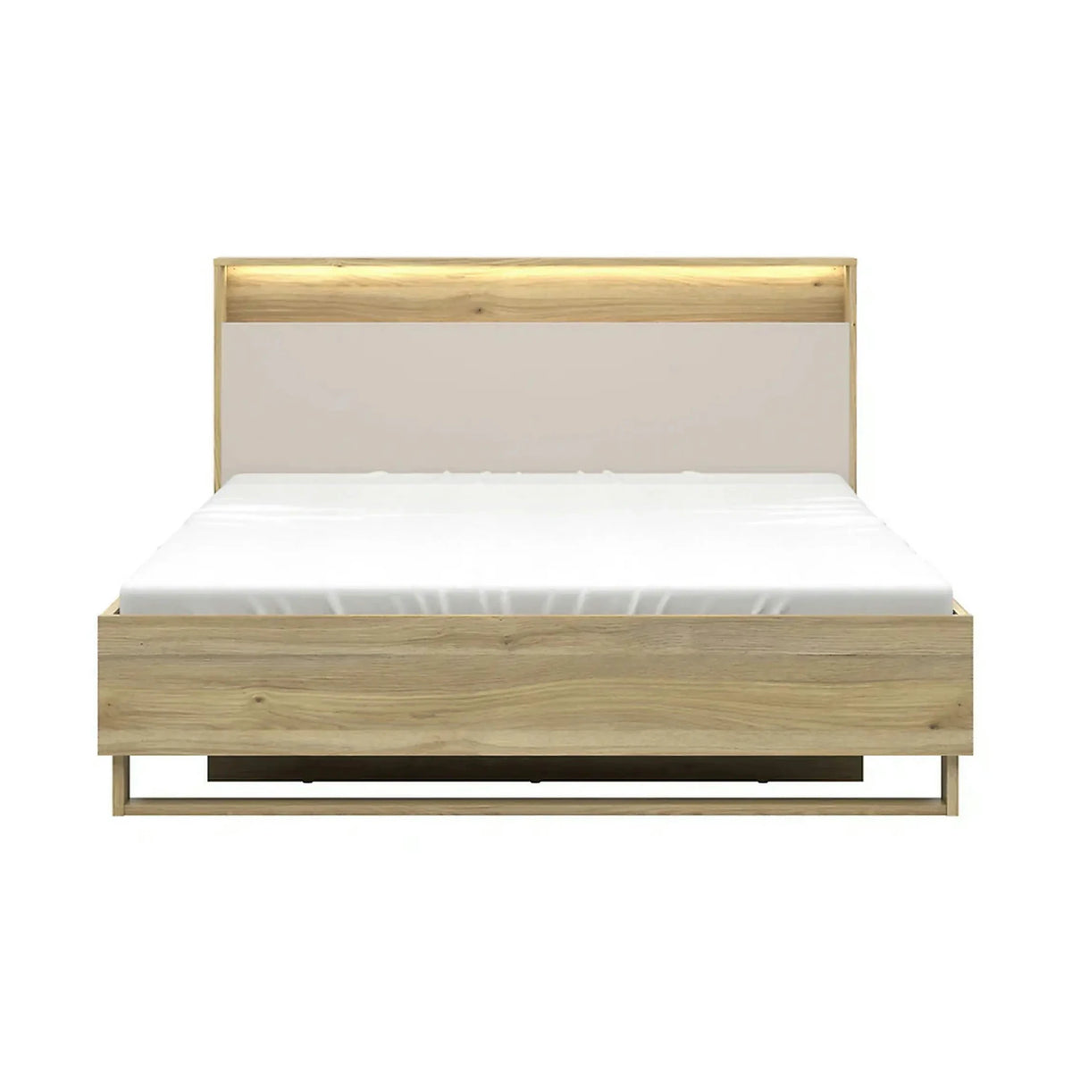 Pat DALVA 160x200, stejar/casmir, PAL, cu somiera, lada depozitare si iluminare LED