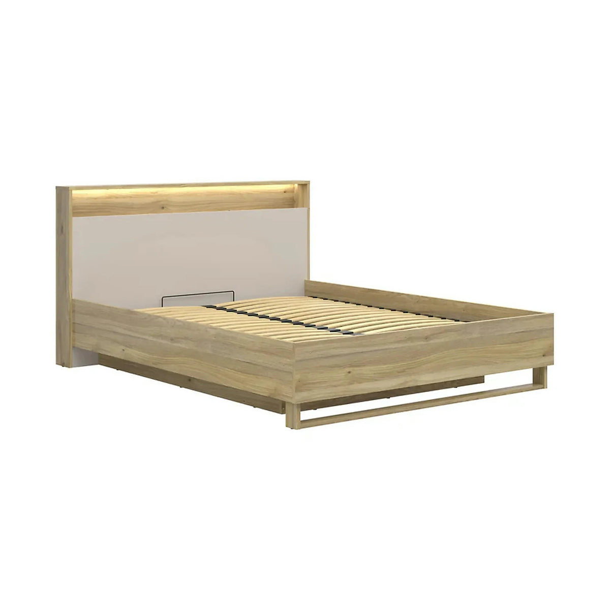 Pat DALVA 160x200, stejar/casmir, PAL, cu somiera, lada depozitare si iluminare LED